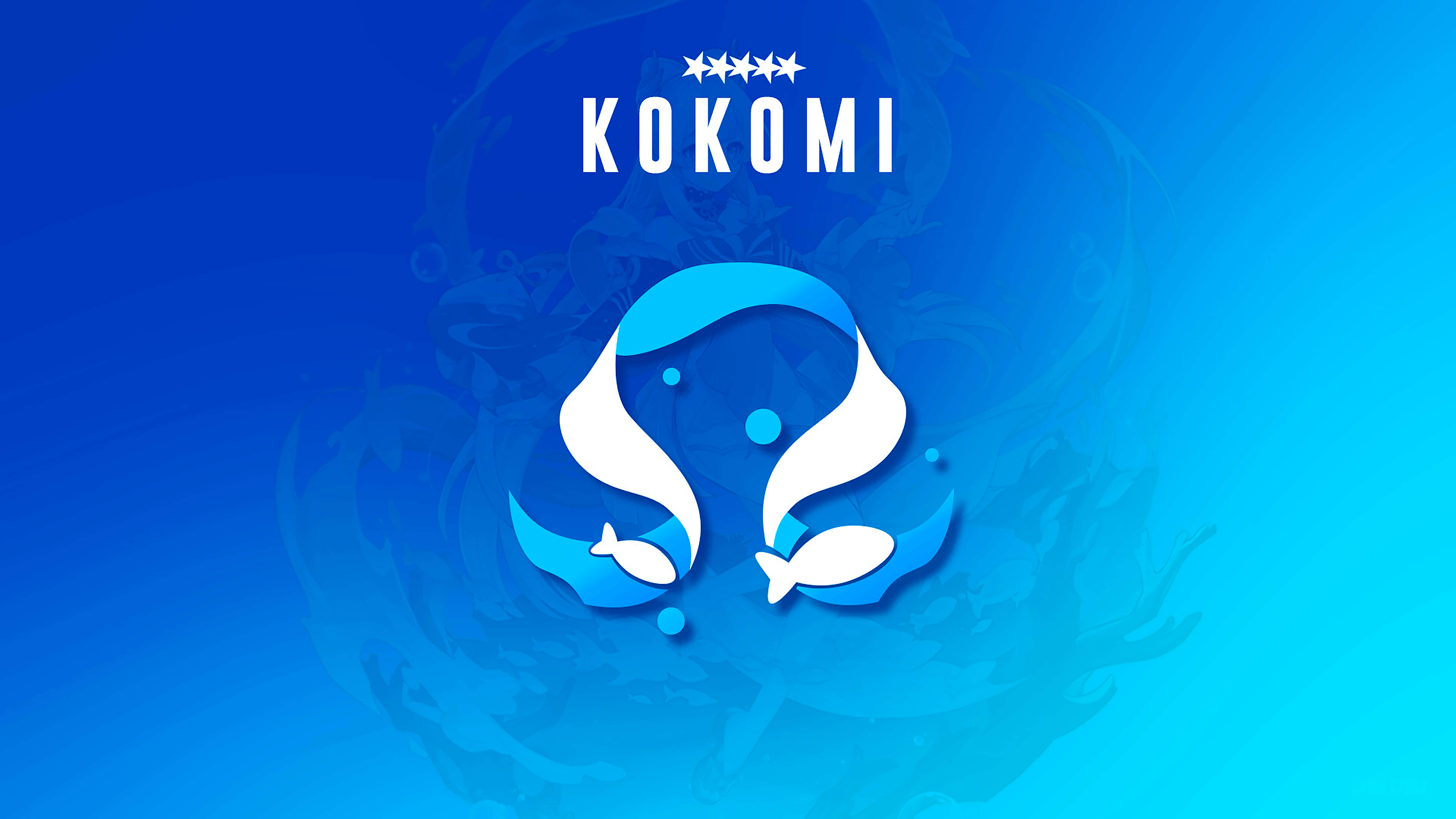 Kokomi 桌布 壁紙 — 一個風格化的藍白Kokomi標誌，帶有魚和氣泡，背景為漸變藍色。