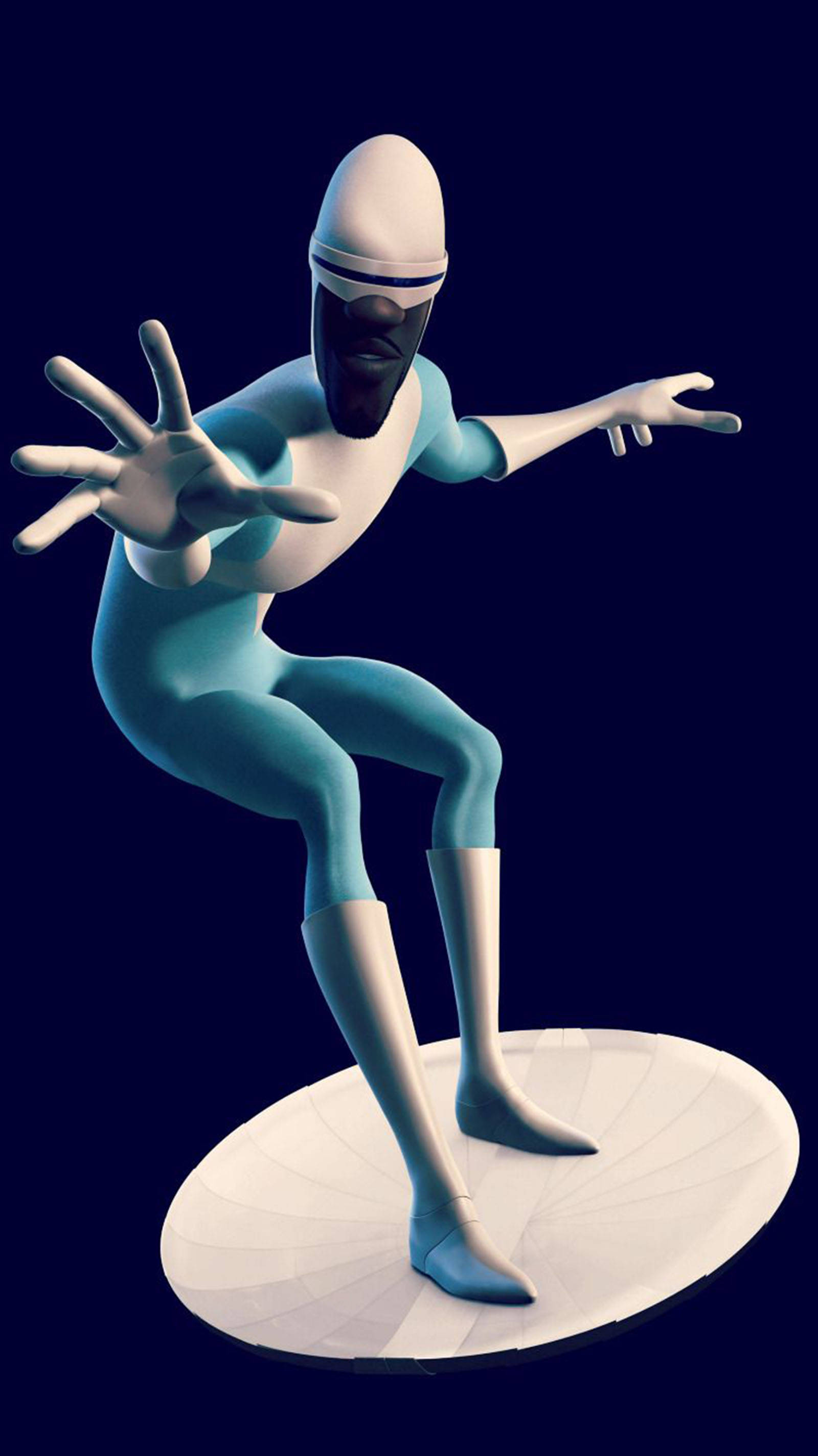 Frozone 桌布 壁紙 — 一個風格化的藍白人形人物以動態姿勢站在圓形平台上，背景為深藍色。