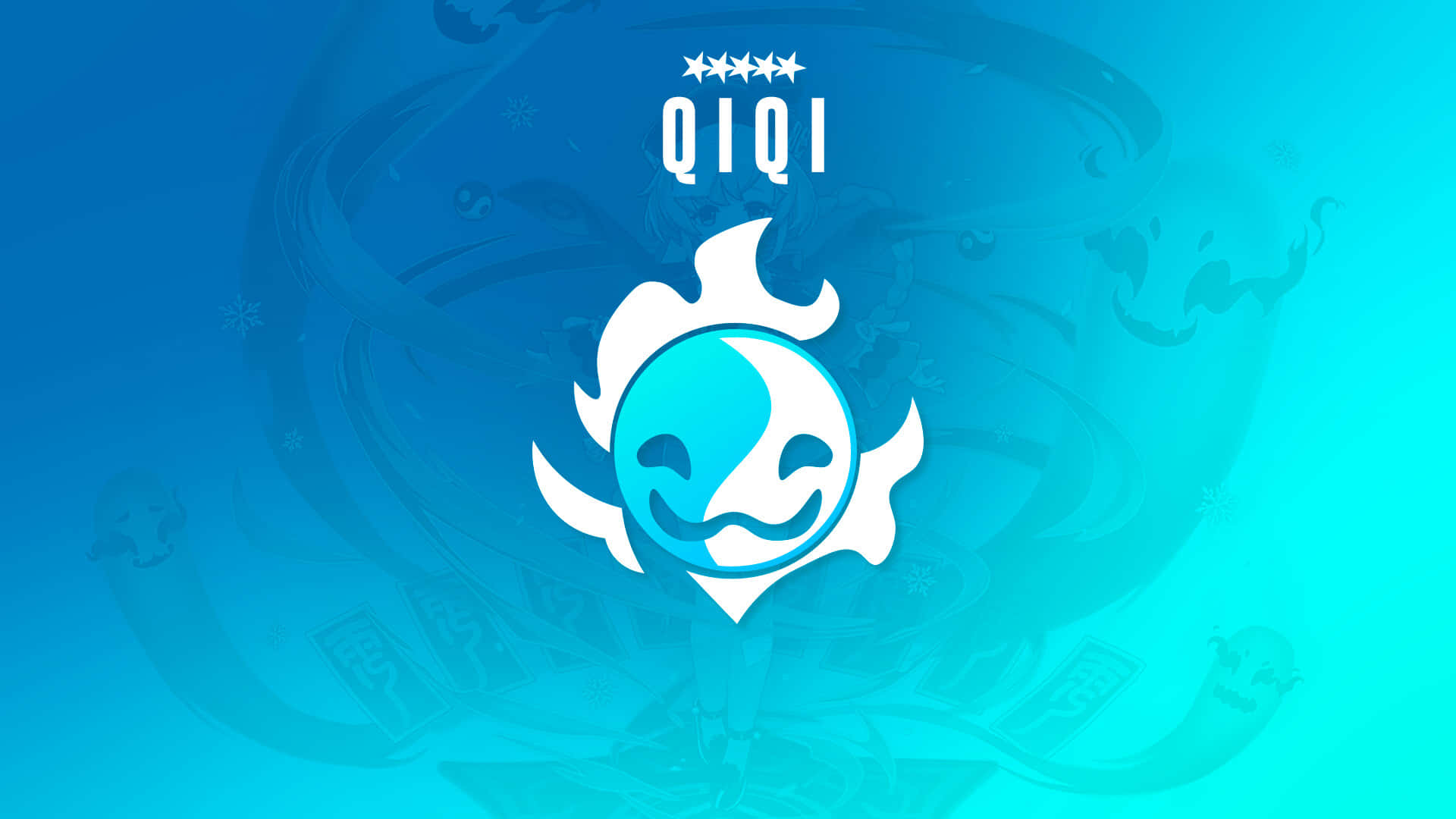 Genshin Impact Qiqi 桌布 壁紙 — 一個風格化的藍白笑臉標誌，帶有火焰狀翅膀，居中在帶有模糊鬼影的漸變藍色背景上。