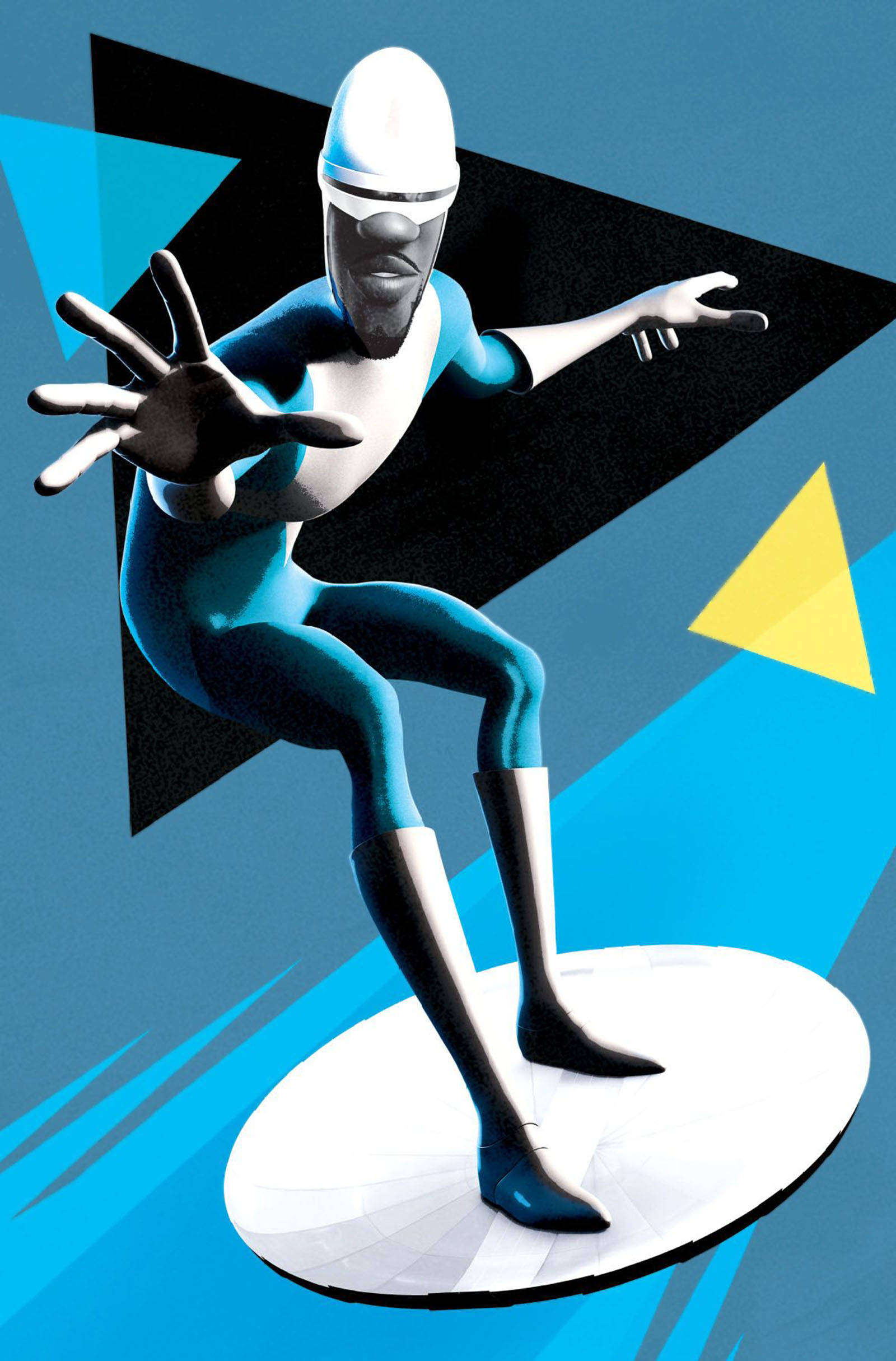 Frozone 桌布 壁紙 — 一個風格化的藍白超級英雄在白色圓盤上擺出動態姿勢，背景為幾何藍黑色。