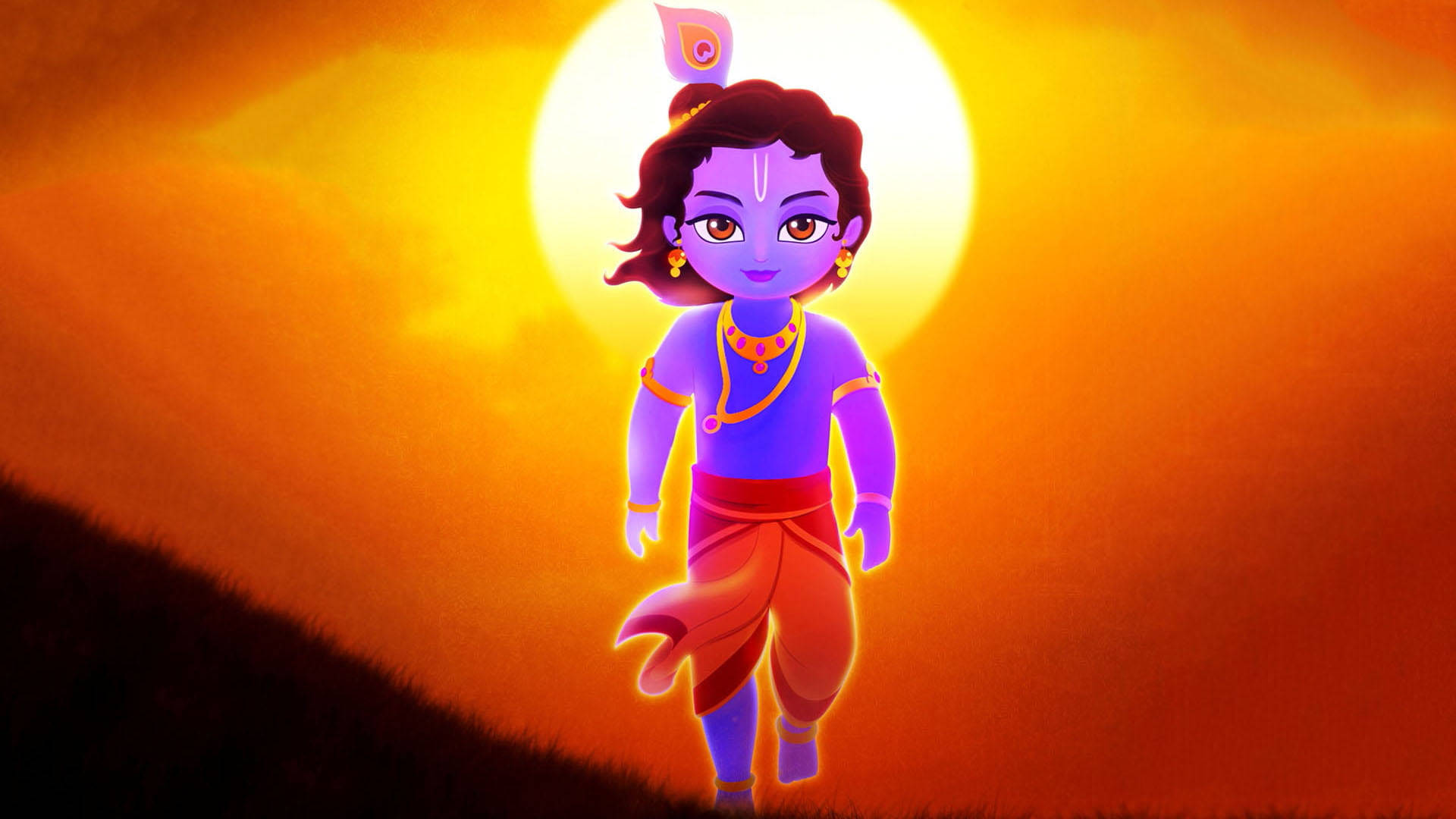 Shri Krishna 桌布 壁紙 — 一個風格化的藍皮膚小孩戴著孔雀羽毛王冠，自信地走在發光的橙色日落前。