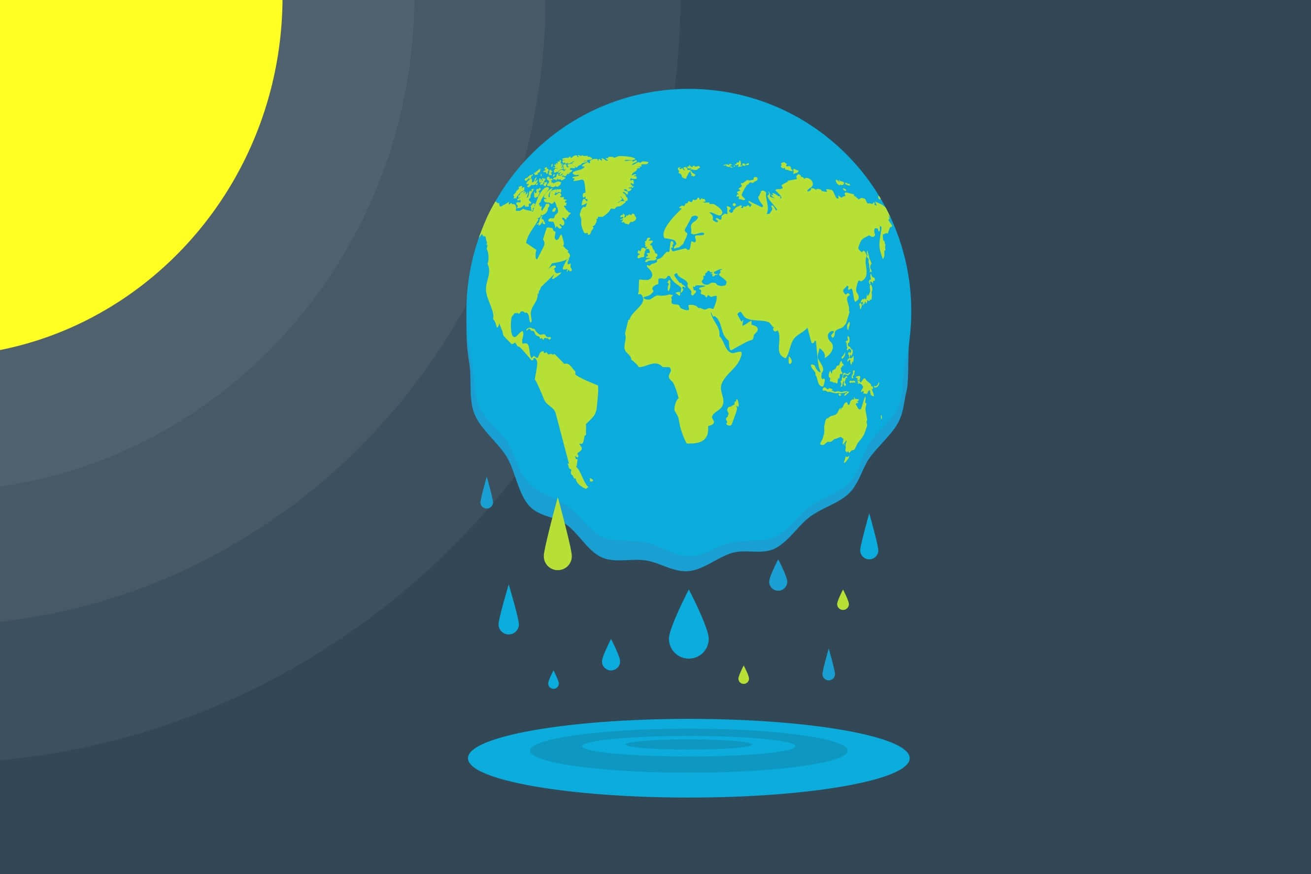 climate change 桌布 壁紙 — 一個風格化的藍綠色地球儀在深灰色背景上滴落水珠到水池中，背景有黃色太陽。