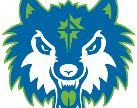wolves 桌布 壁紙 — 一個風格化的藍綠色狼頭標誌，帶有鋒利牙齒和前額上的星爆圖案。