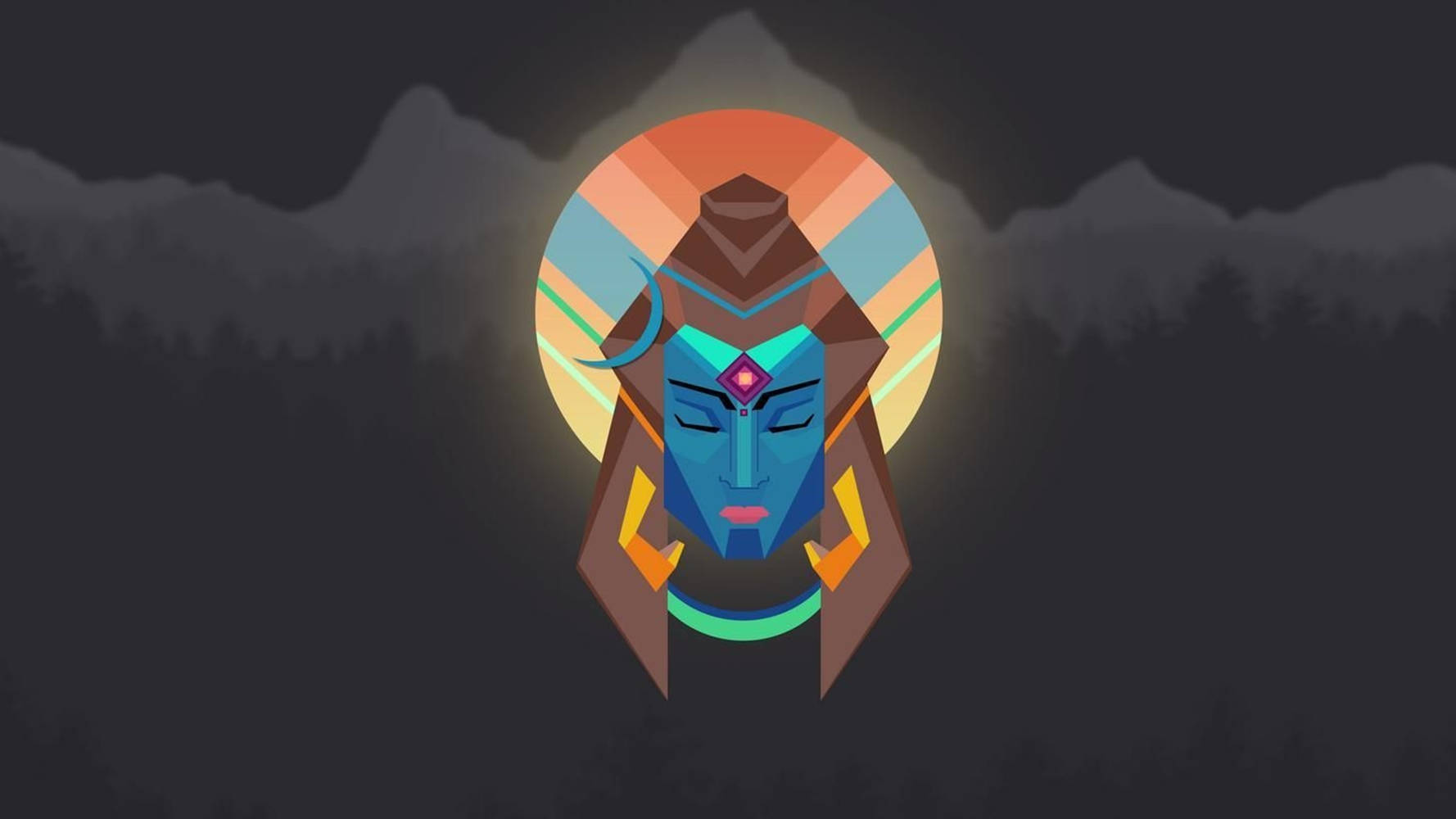 shiva dark 桌布 壁紙 — 一個風格化的藍臉神祇，閉著眼睛，戴著幾何頭飾，在黑暗的山景背景下發光。
