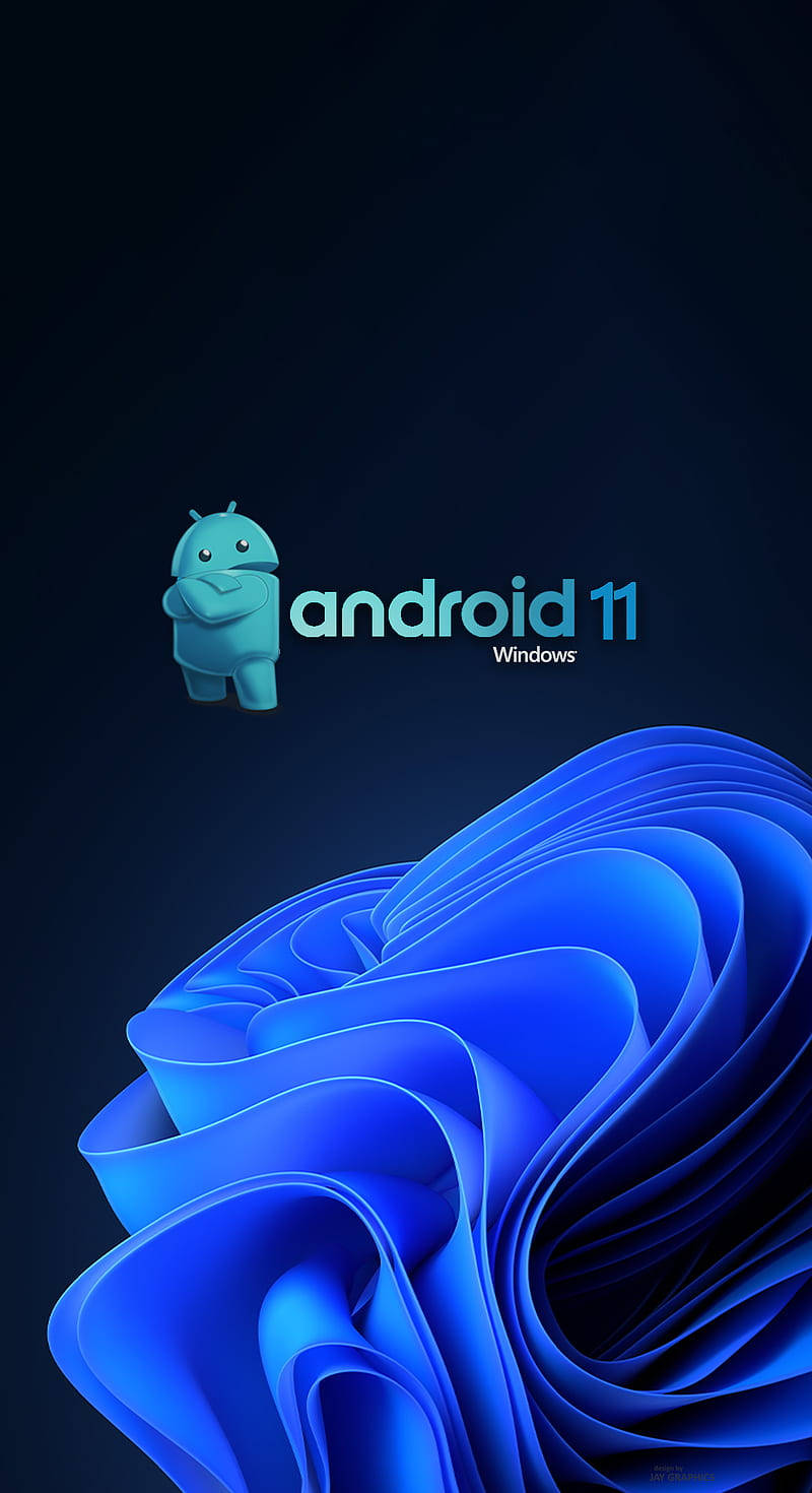 藍色 Android 吉祥物和抽象波浪標誌，適用於 Windows 上的 Android 11。 — 安卓手機 GIF 壁紙