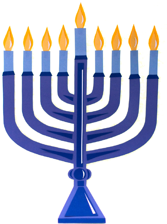 光明節 桌布 壁紙 — 一個風格化的藍色 menorah，上面有九支點燃的黃色蠟燭，立在純黑色背景前。