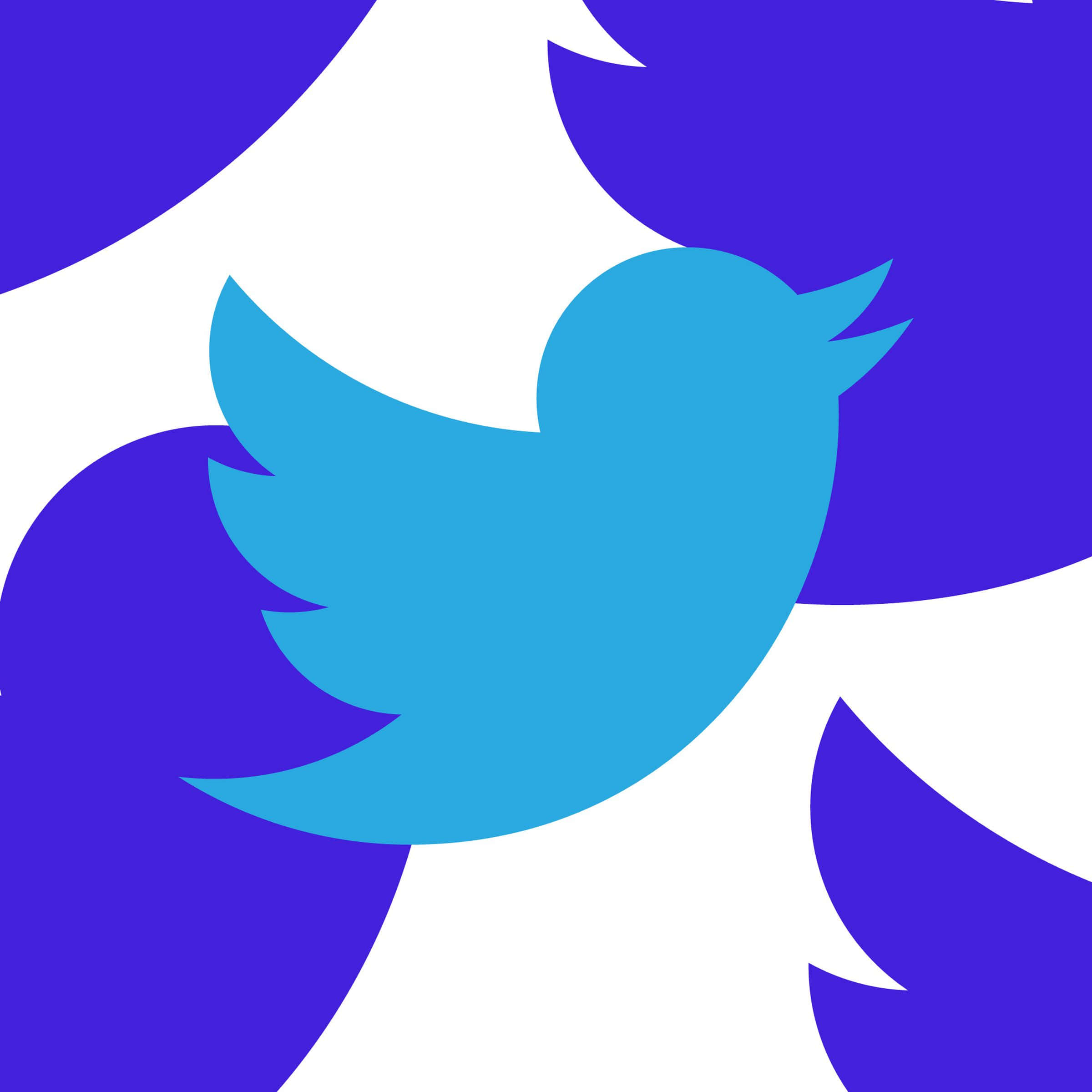 Twitter 桌布 壁紙 — 一個風格化的藍色Twitter鳥標誌，置於紫色和白色抽象形狀的動態圖案上。