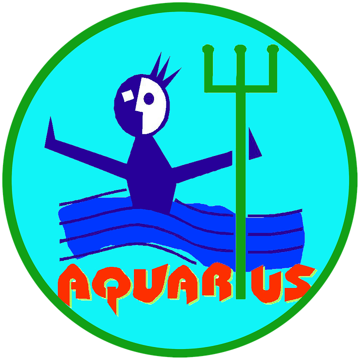 aquarius 桌布 壁紙 — 一個風格化的藍色人物手持三叉戟，站在波浪形的藍色水中，位於一個帶有綠色邊框和橙色「AQUARUS」文字的青色圓圈內。