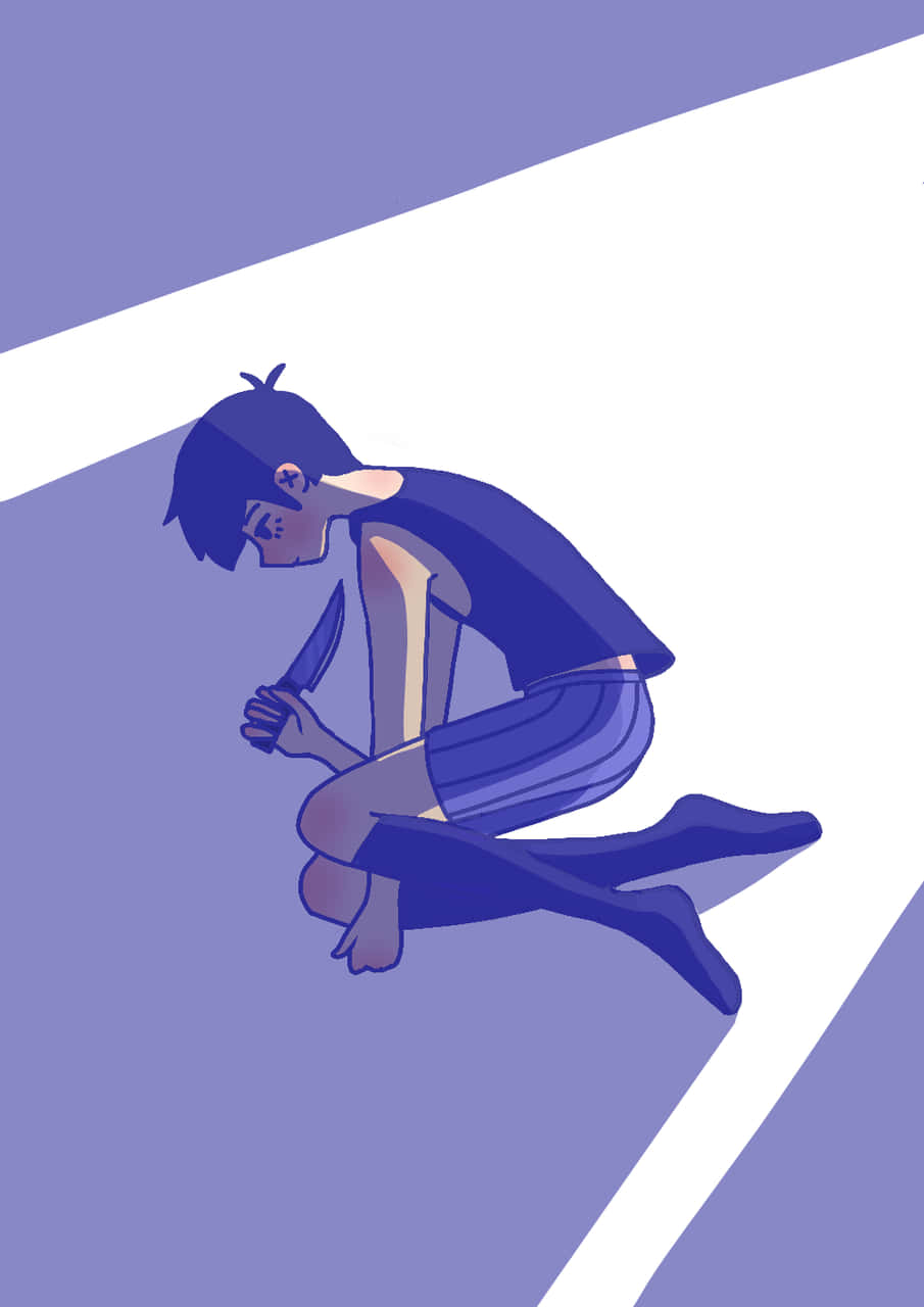 一個藍色插圖人物跪在一個帶有尖銳光影的極簡幾何空間中。 — Omori GIF 壁紙