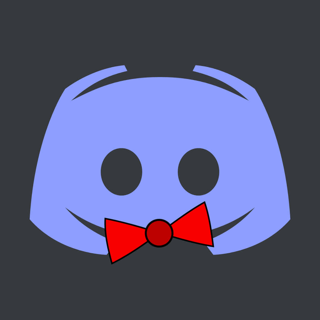 Discord 桌布 壁紙 — 一個風格化的藍色卡通臉，有黑色眼睛和紅色蝴蝶結，在深灰色背景上微笑。