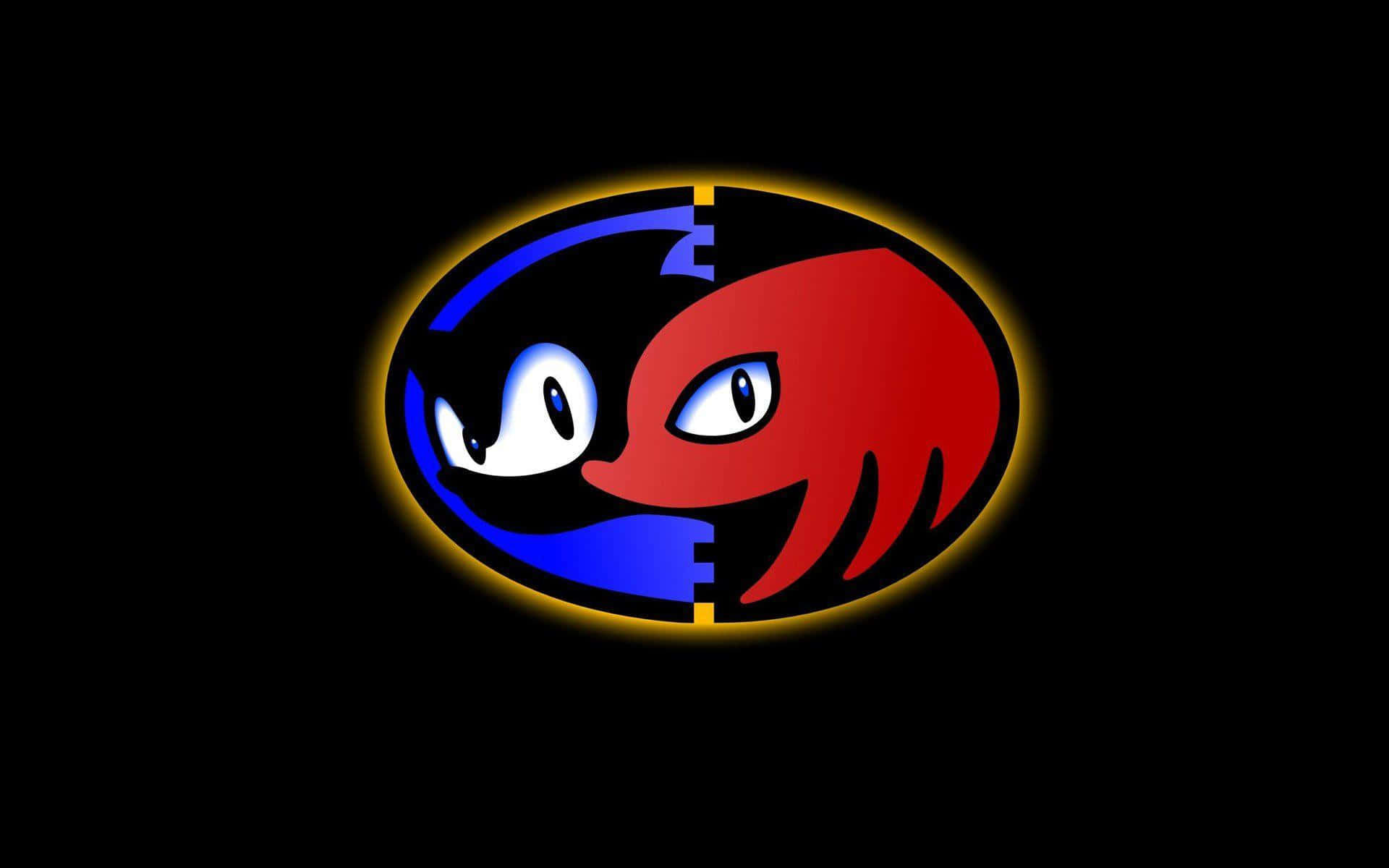 Sonic And Knuckles 桌布 壁紙 — 一個風格化的藍色和紅色卡通臉孔，從中間分開，帶有發光的黃色輪廓，背景為黑色。