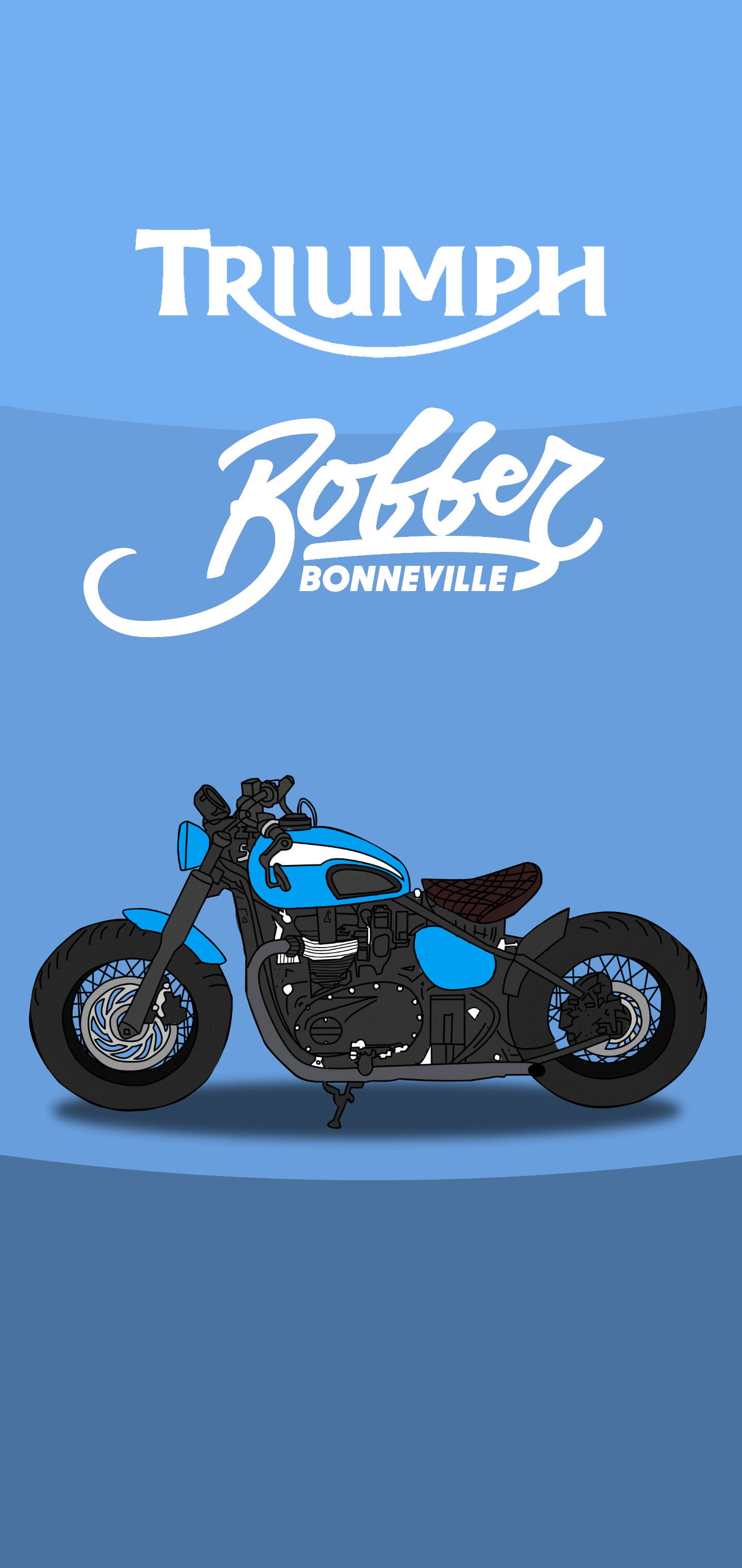 Bobber 桌布 壁紙 — 一個風格化的藍色和黑色Triumph Bobber Bonneville機車圖形，背景為漸變藍色，帶有白色品牌標識。