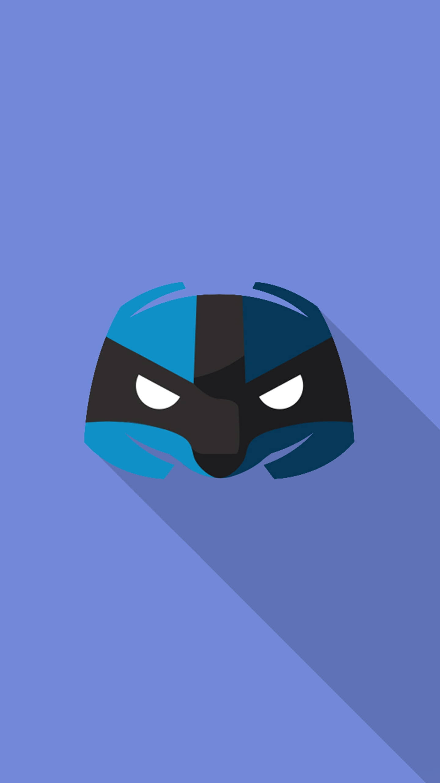 Discord 桌布 壁紙 — 一個風格化的藍色和黑色面具，帶有發光的白色眼睛，在純色薰衣草背景上投下長長的陰影。