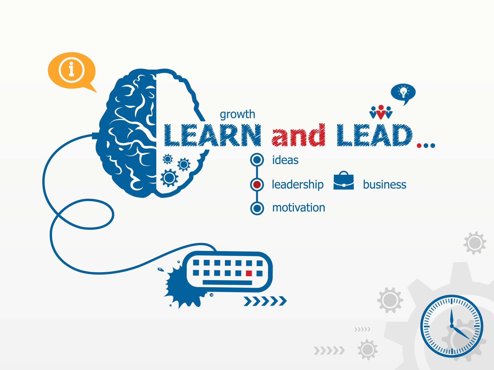 Leadership 桌布 壁紙 — 一個風格化的藍色大腦連接到鍵盤，帶有成長、想法、領導力和商業的圖標，背景為淺色。