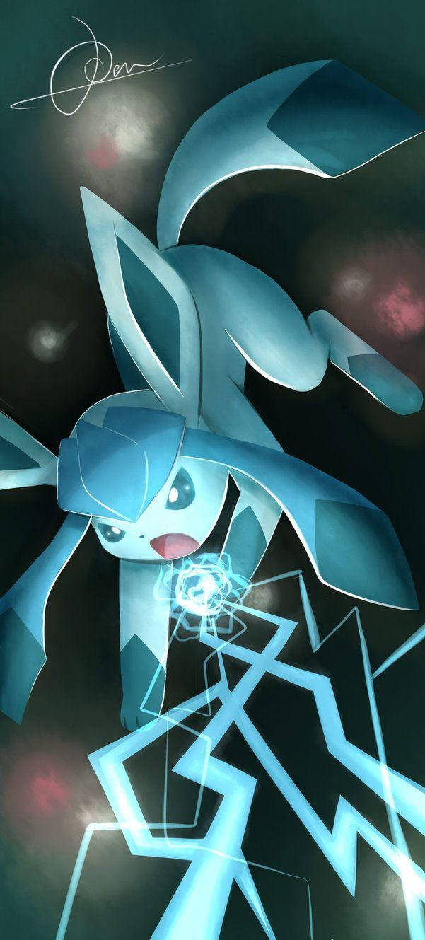Glaceon 桌布 壁紙 — 一個風格化的藍色寶可夢，帶有發光的閃電和幾何翅膀，背景是黑暗的宇宙。