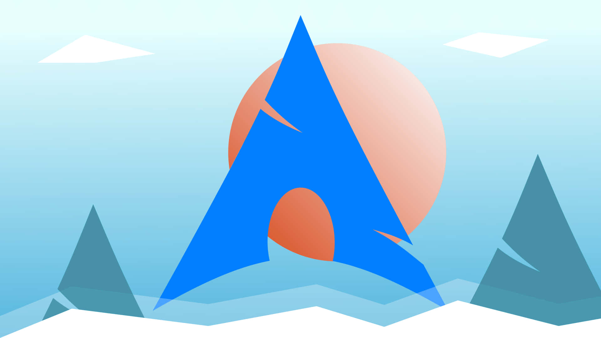Linux 桌布 壁紙 — 一個風格化的藍色山峰，背後有溫暖的橙色太陽，襯托著柔和的藍天和白雲。