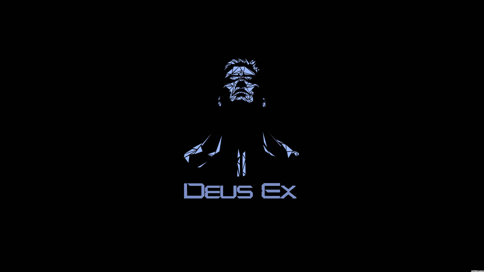 駭客入侵 桌布 壁紙 — 一個風格化的藍色幾何圖案，帶有 Deus Ex 文字，在黑色背景上發光。