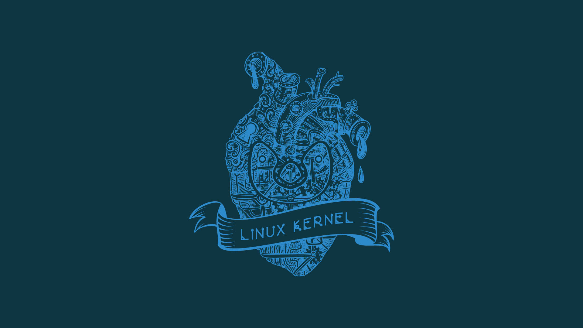 Linux 桌布 壁紙 — 一個風格化的藍色心形 Linux 核心標誌，在深青色背景上帶有複雜的電路細節。