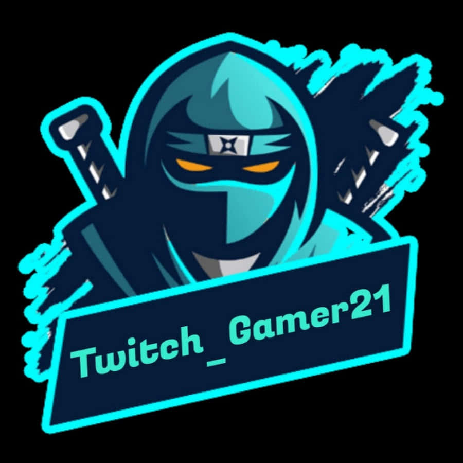 Twitch 桌布 壁紙 — 一個風格化的藍色忍者，擁有發光的橙色眼睛和一把劍，手持Twitch實況主橫幅。