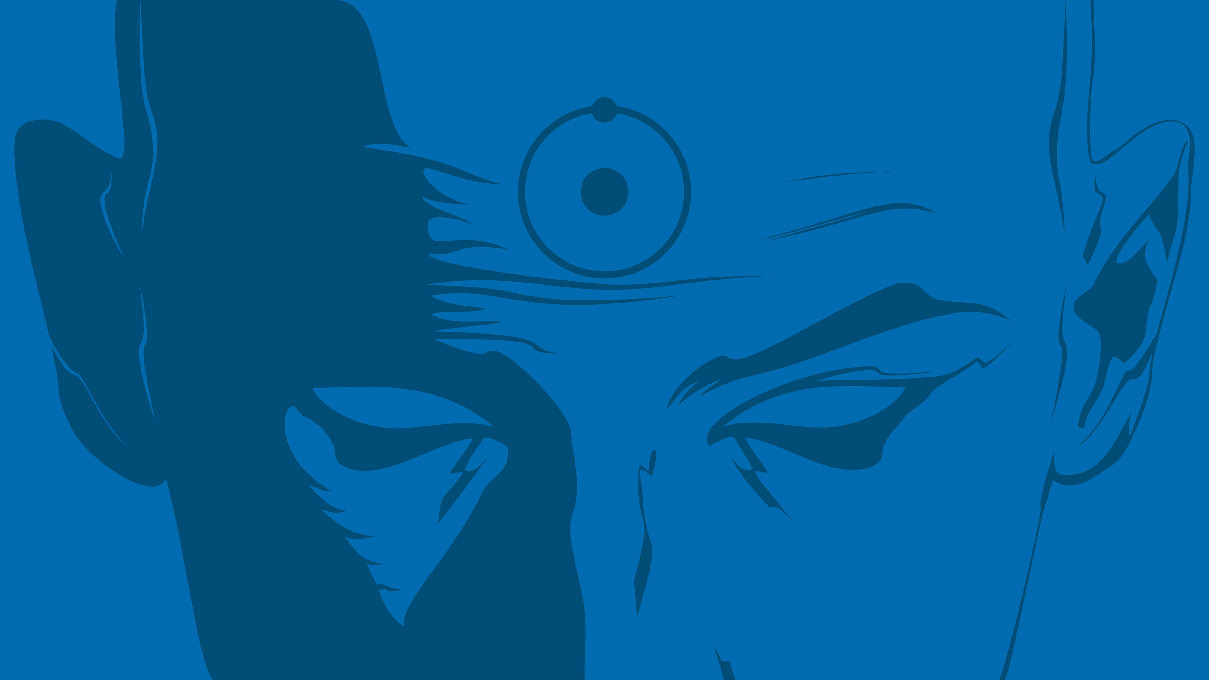 Watchmen 桌布 壁紙 — 一個風格化的藍色插圖，描繪一個光頭男人的臉，額頭上有第三隻眼，眼神強烈向下。