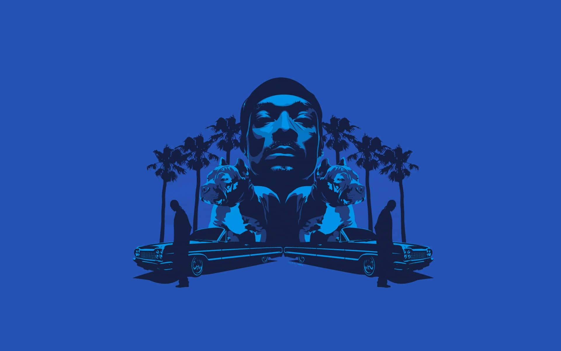 Young Snoop Dogg 桌布 壁紙 — 一個風格化的藍色插圖，描繪一個男人的臉，兩側有棕櫚樹和兩輛經典汽車，旁邊站著人物。