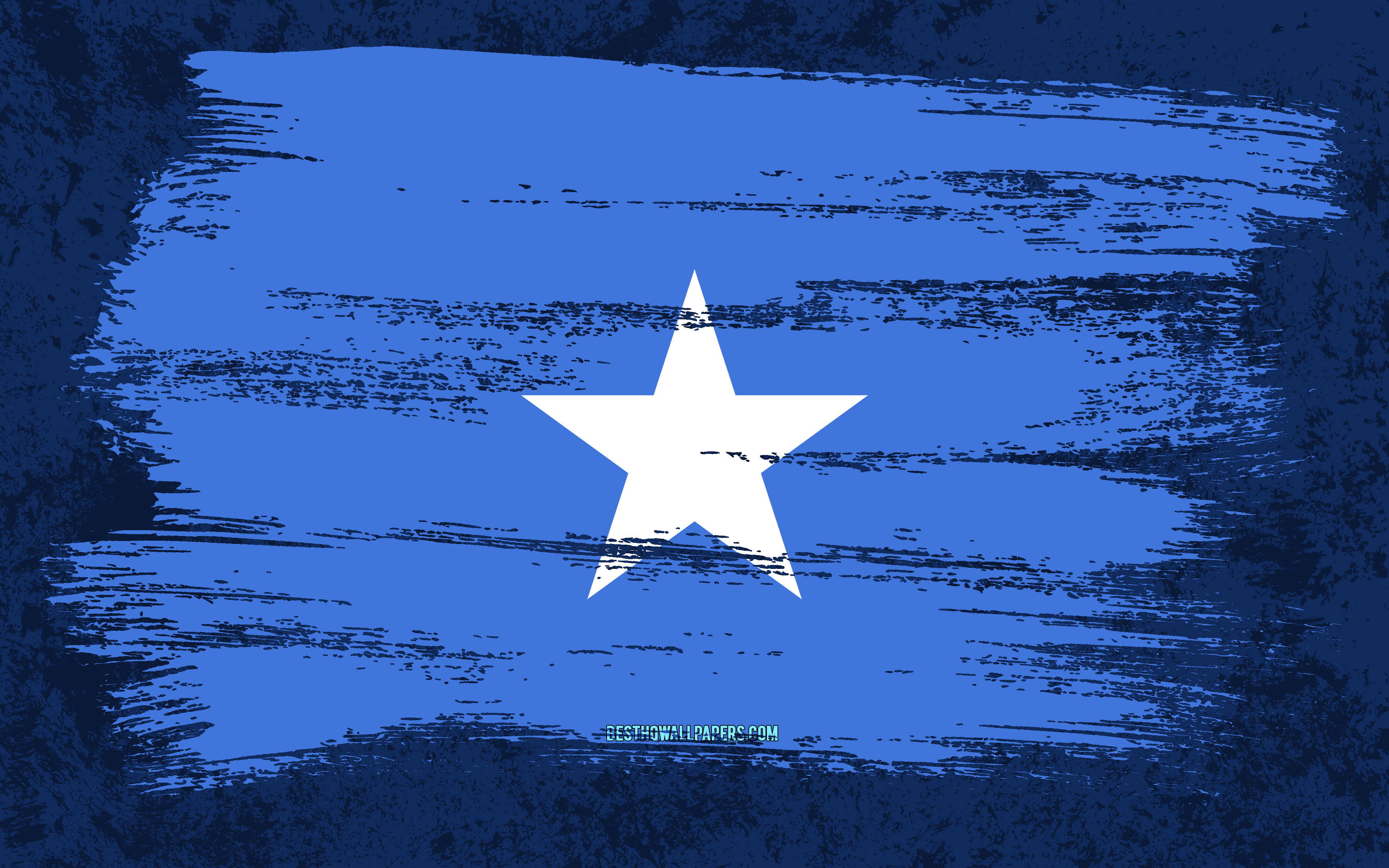 Somalia 桌布 壁紙 — 一個風格化的藍色旗幟，中央有一顆白色星星，背景為紋理筆觸。