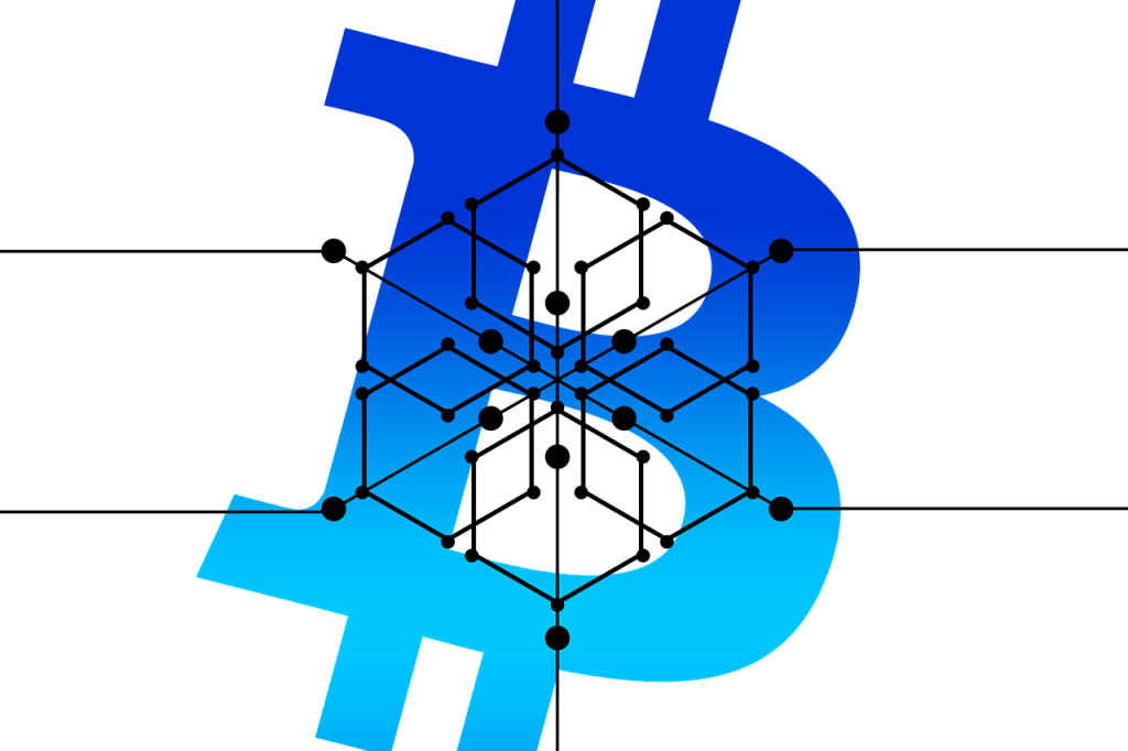 Shapes 桌布 壁紙 — 一個風格化的藍色比特幣符號，疊加在黑色背景上的黑色幾何網絡網格。