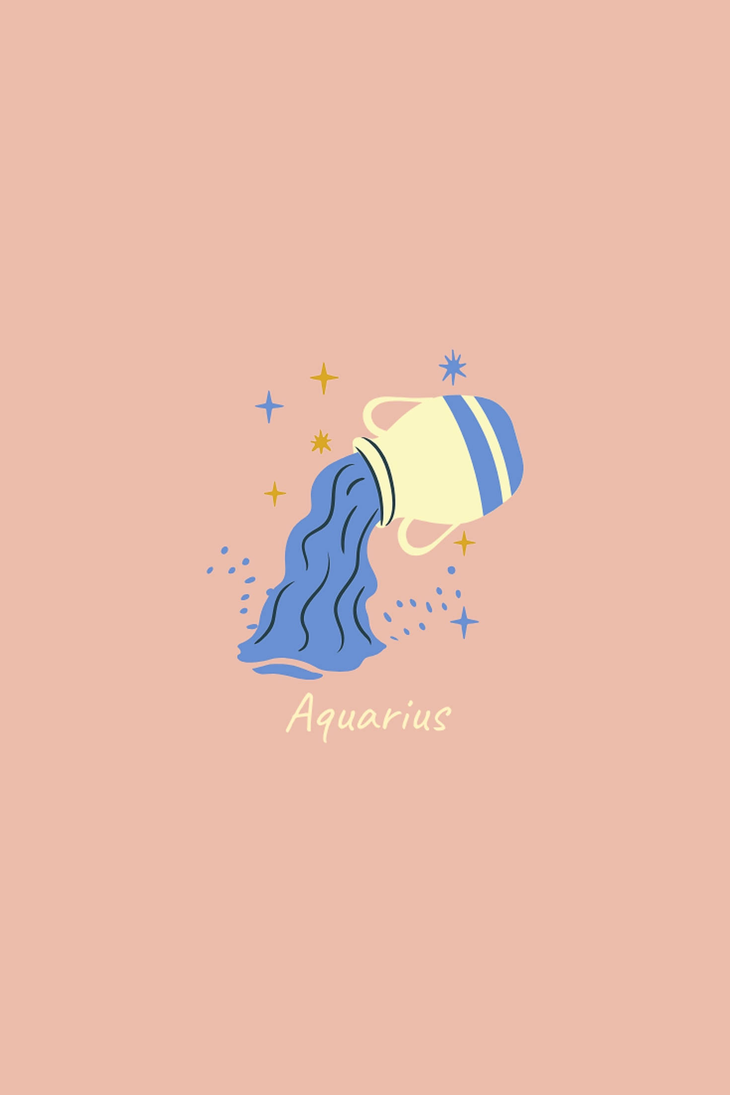 aquarius 桌布 壁紙 — 一個風格化的藍色水壺在柔和的桃色背景上倒出液體，背景散落星星，下方有「水瓶座」字樣。