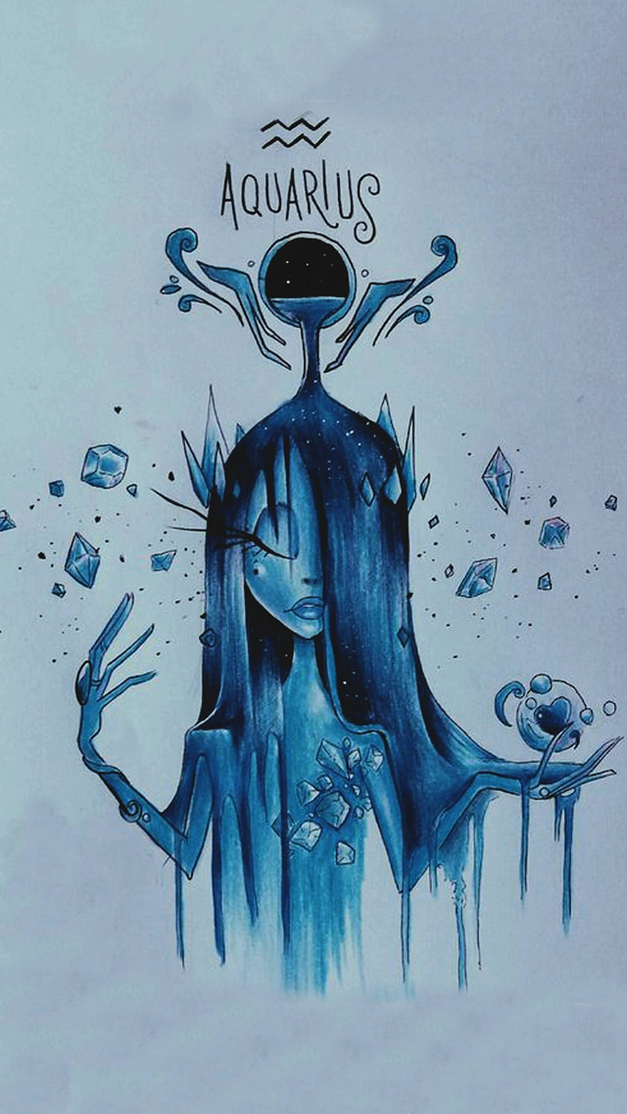 aquarius 桌布 壁紙 — 一個風格化的藍色水瓶座人物，擁有飄逸的頭髮和水晶碎片，在水瓶座星座符號下手持天球。