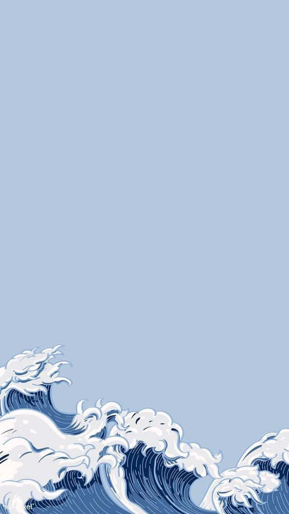 The Great Wave 桌布 壁紙 — 一個風格化的藍色波浪，帶有白色泡沫頂部，從底部升起，襯著淡藍色的天空。