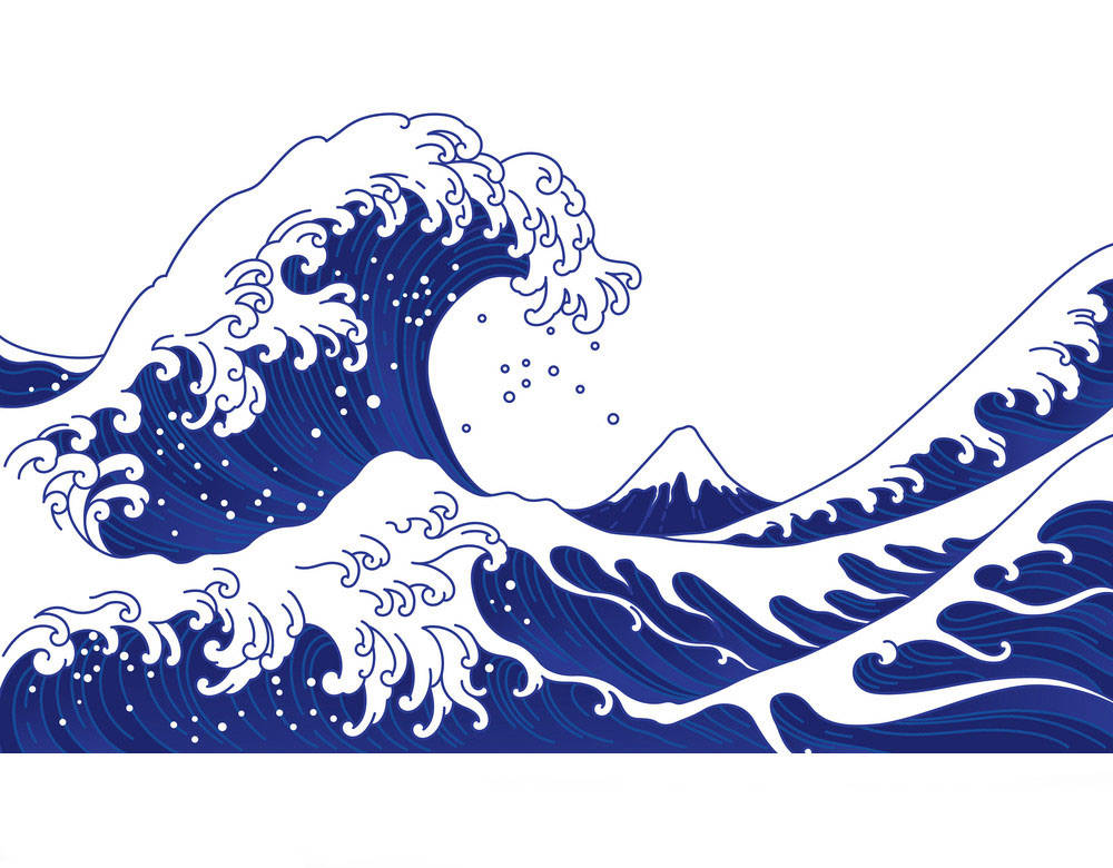 日式海浪 桌布 壁紙 — 一個風格化的藍色波浪在白色背景上戲劇性地捲曲，遠處有一座山峰。
