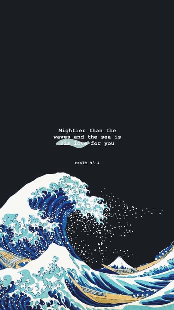 The Great Wave 桌布 壁紙 — 一個風格化的藍色波浪在黑色背景上撞擊，並疊加了一句聖經經文。