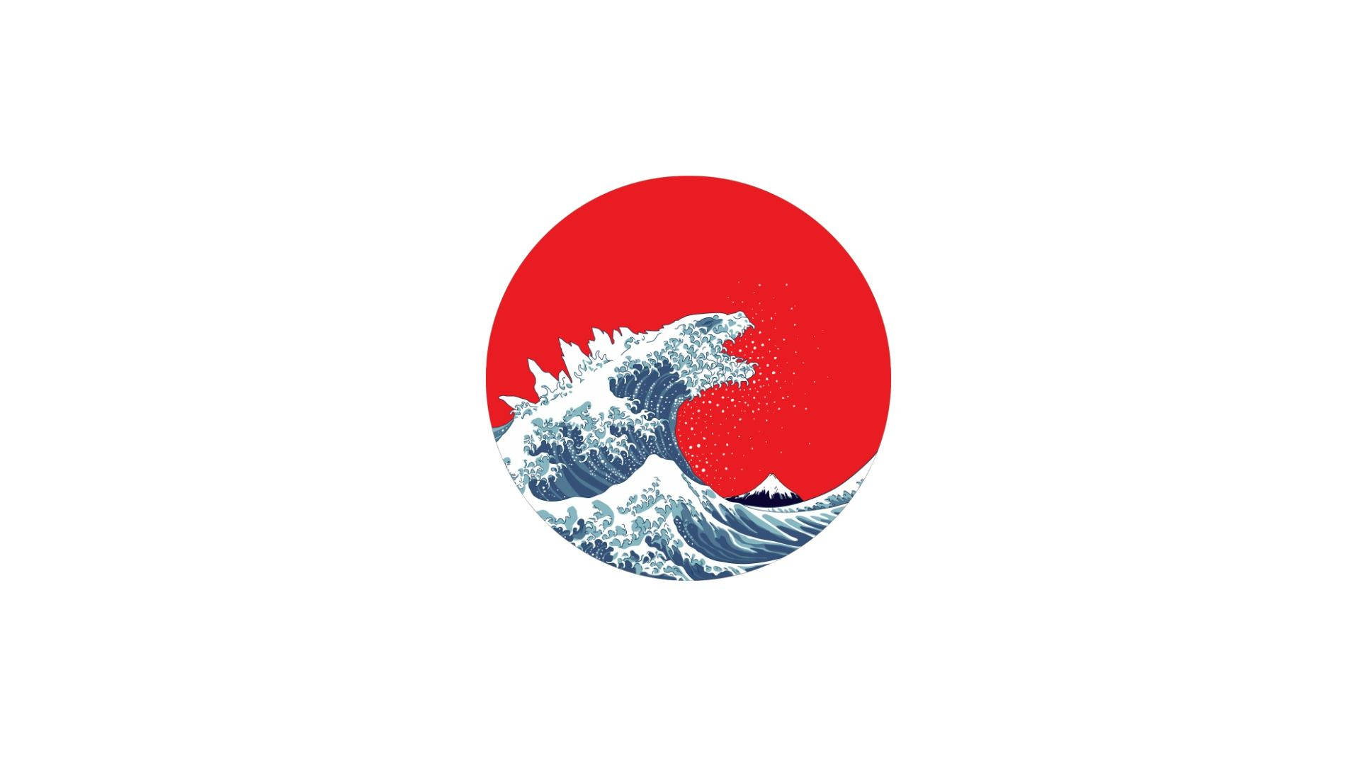 日式海浪 桌布 壁紙 — 一個風格化的藍色波浪撞擊在一個大膽的紅色圓形背景上，下方可見一個小山頂。