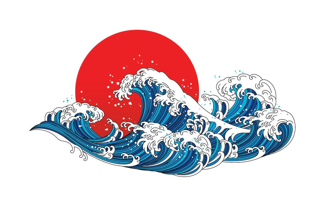 日式海浪 桌布 壁紙 — 一個風格化的藍色波浪撞擊著一個大膽的紅色太陽，採用經典的日本浮世繪插圖風格。