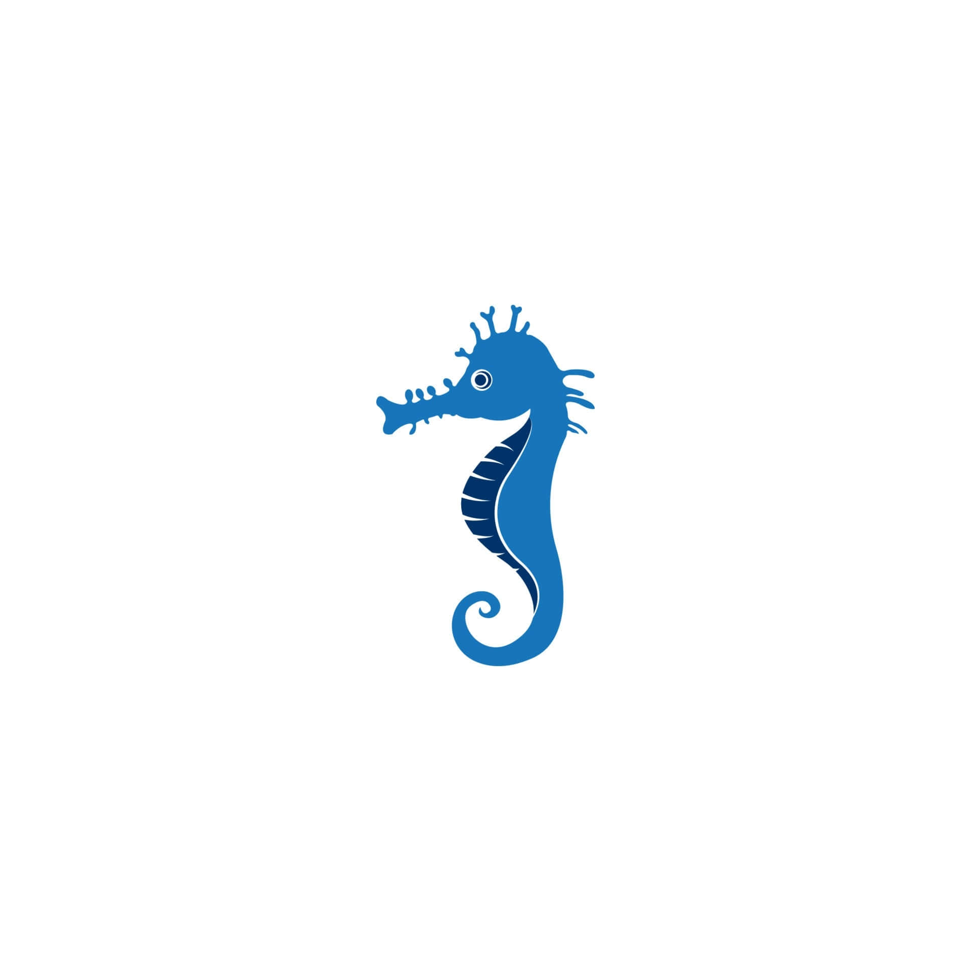 海馬 桌布 壁紙 — 一個風格化的藍色海馬剪影，帶有詳細的鰭和捲曲的尾巴，背景為純白色。