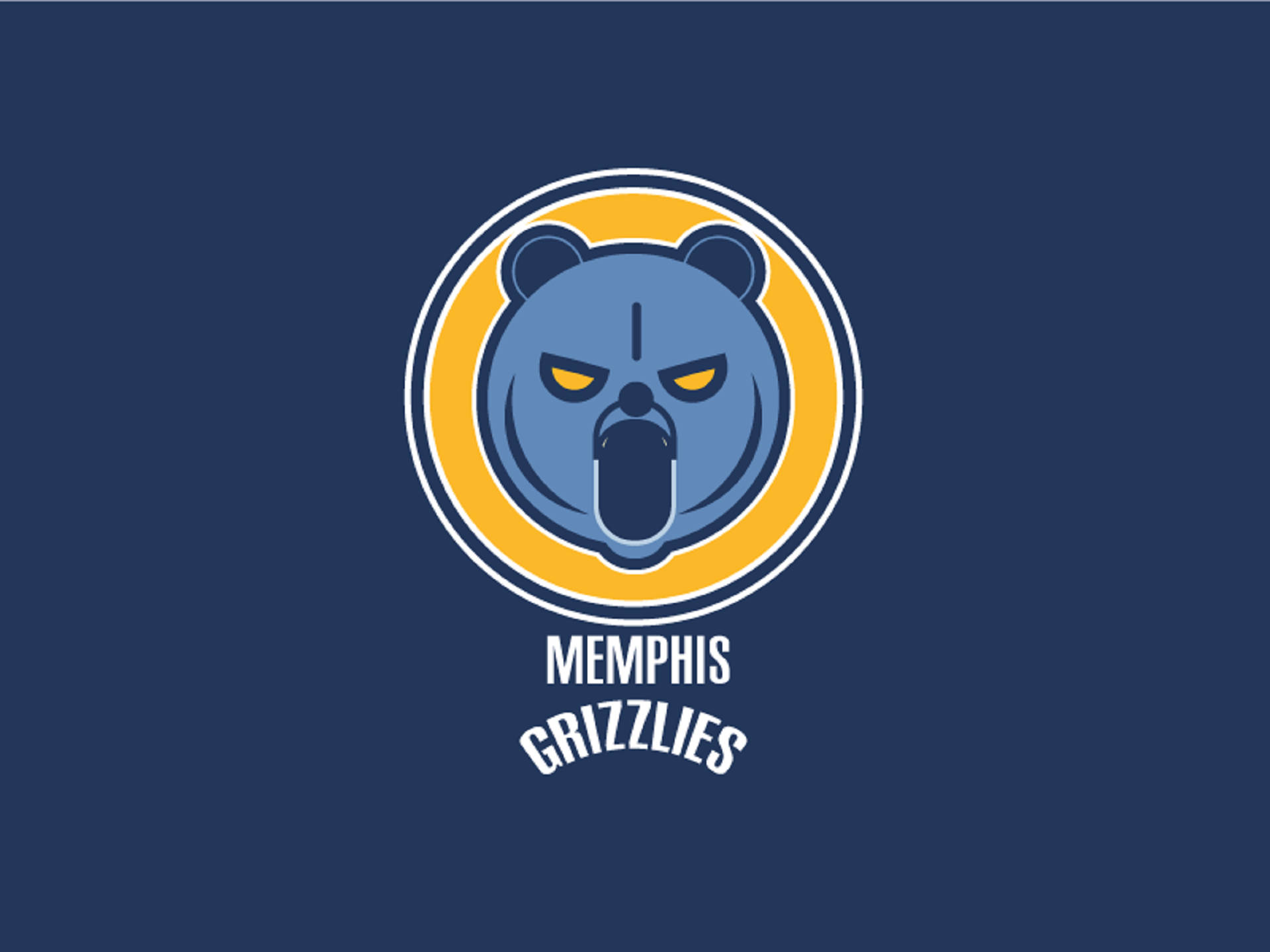 Grizzlies 桌布 壁紙 — 一個風格化的藍色灰熊標誌，黃色眼睛和牙齒，位於黃色圓圈內，深藍色背景，下方有'MEMPHIS GRIZZLIES'文字。