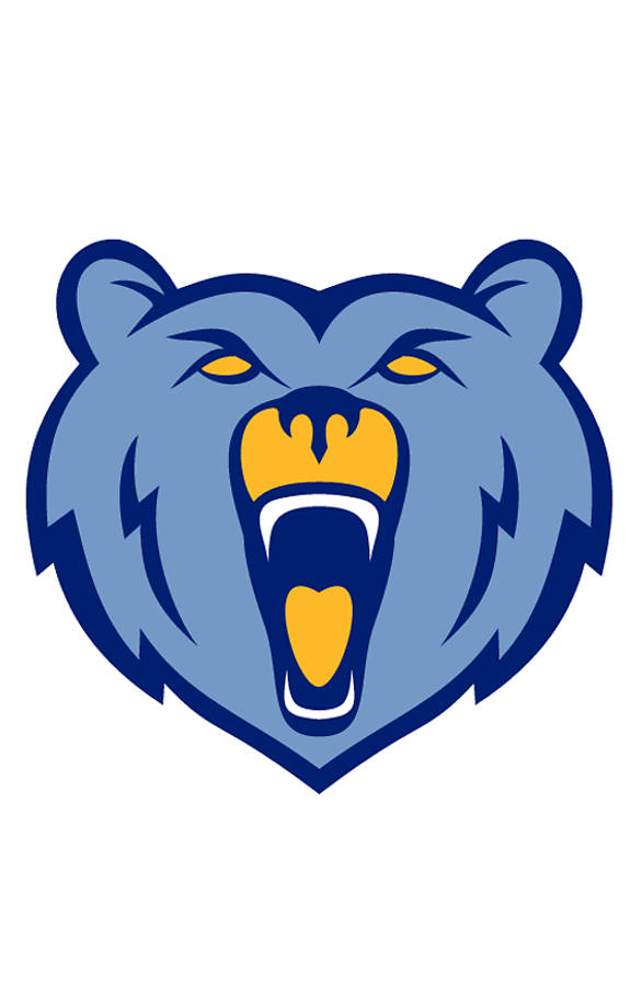 Grizzlies 桌布 壁紙 — 一個風格化的藍色熊頭，帶有黃色眼睛和牙齒，在純白色背景上兇猛地咆哮。