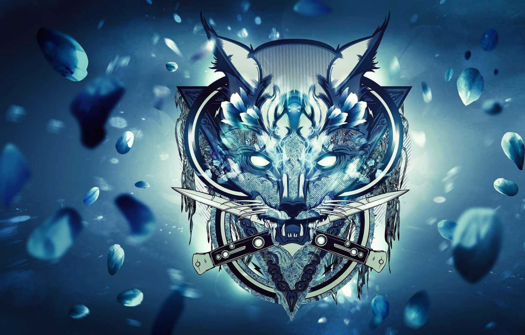 Blue Fire Wolf 桌布 壁紙 — 一個風格化的藍色狼頭，帶有發光的眼睛和交叉的刀，周圍漂浮著碎片。