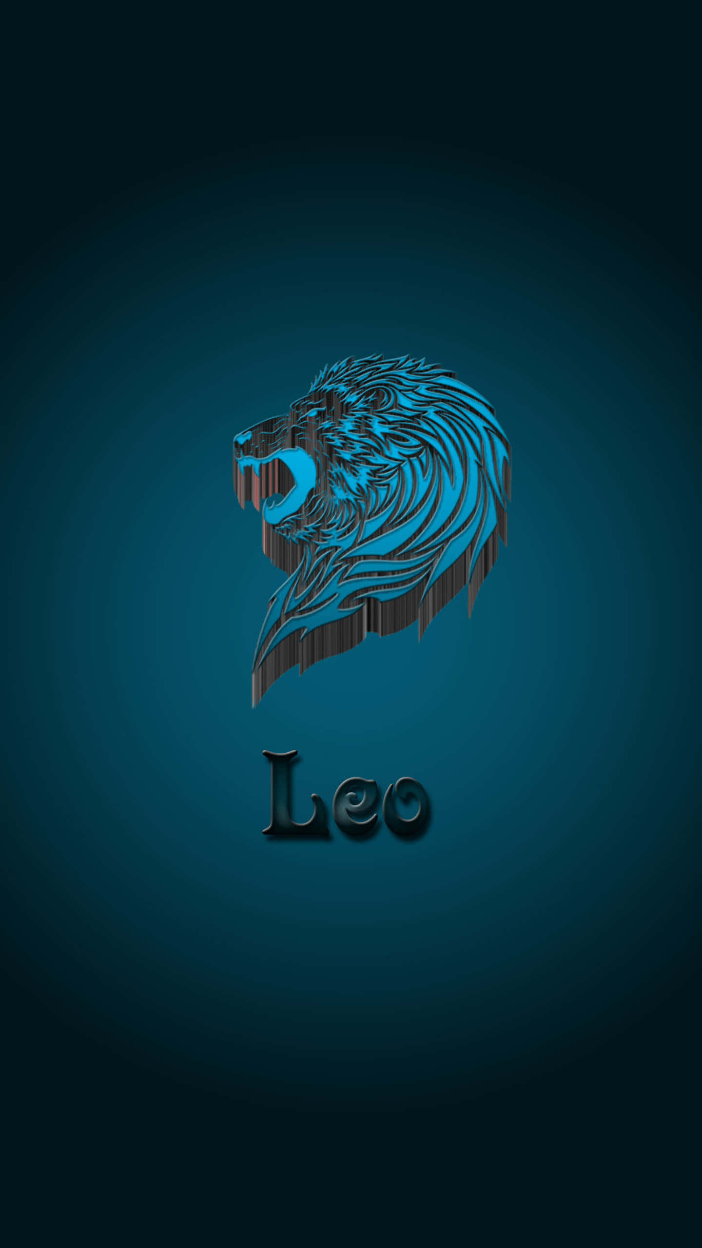 Leo 桌布 壁紙 — 一個風格化的藍色獅子頭，帶有幾何條紋，置於漸層青綠色背景上，下方有「Leo」字樣。
