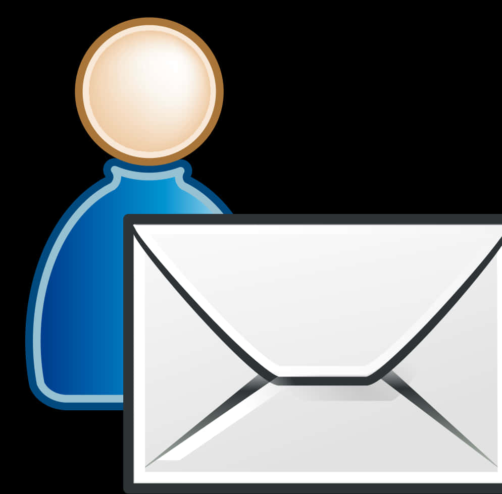 Email 桌布 壁紙 — 一個風格化的藍色用戶圖示，帶有米色頭部，站在黑色背景上的白色信封圖示旁邊。