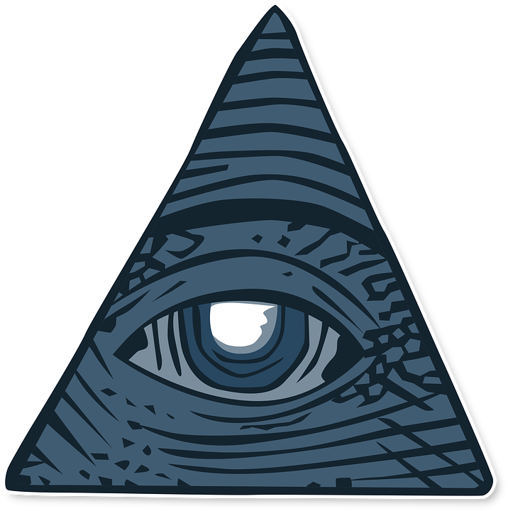 illuminati 桌布 壁紙 — 一個風格化的藍色眼睛在三角形內，帶有複雜的線條和發光的瞳孔，背景為黑色。