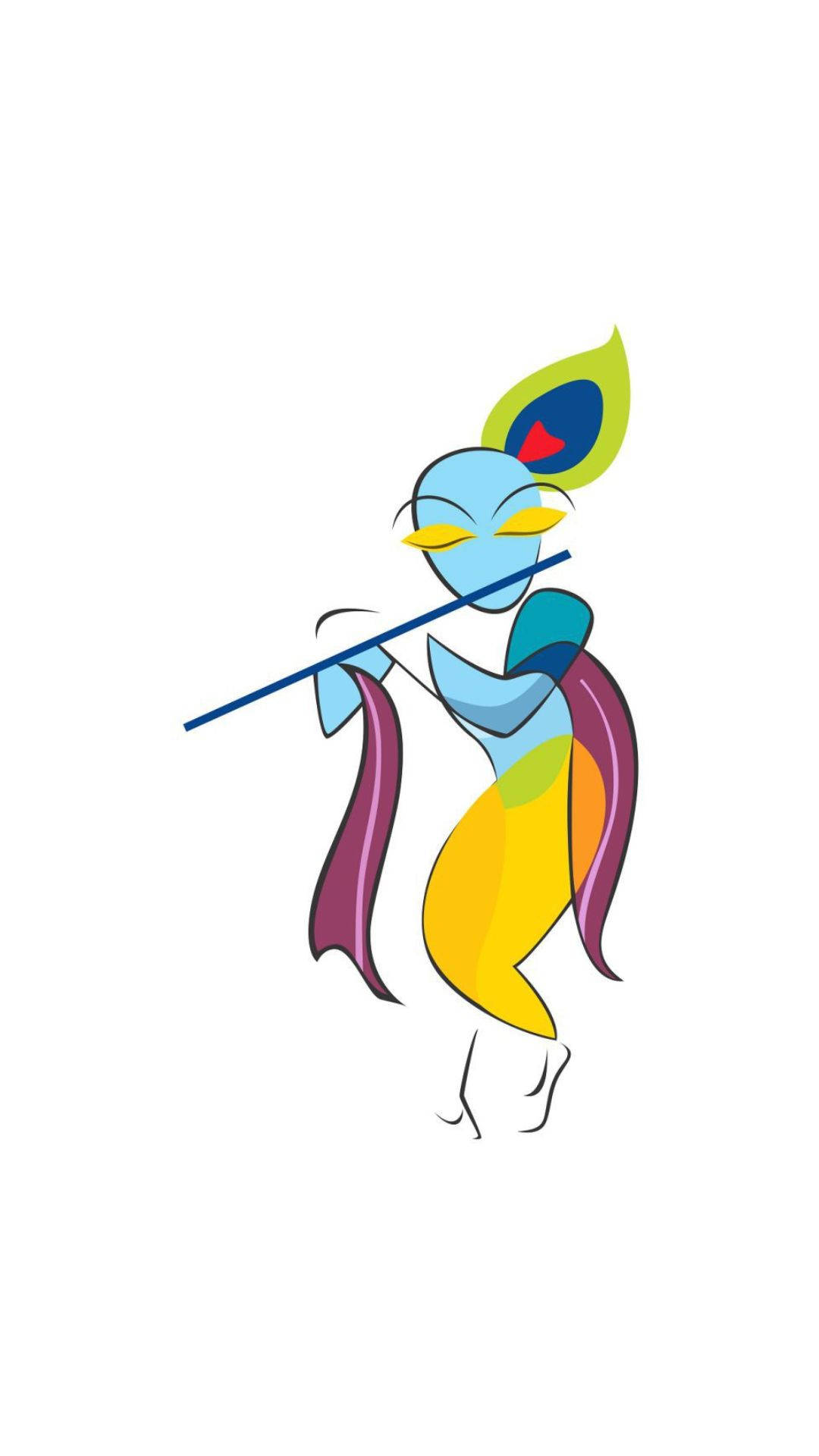 cute krishna 桌布 壁紙 — 一個風格化的藍色神祇，戴著孔雀羽毛冠冕，在白色背景上以鮮豔的抽象色彩吹奏長笛。