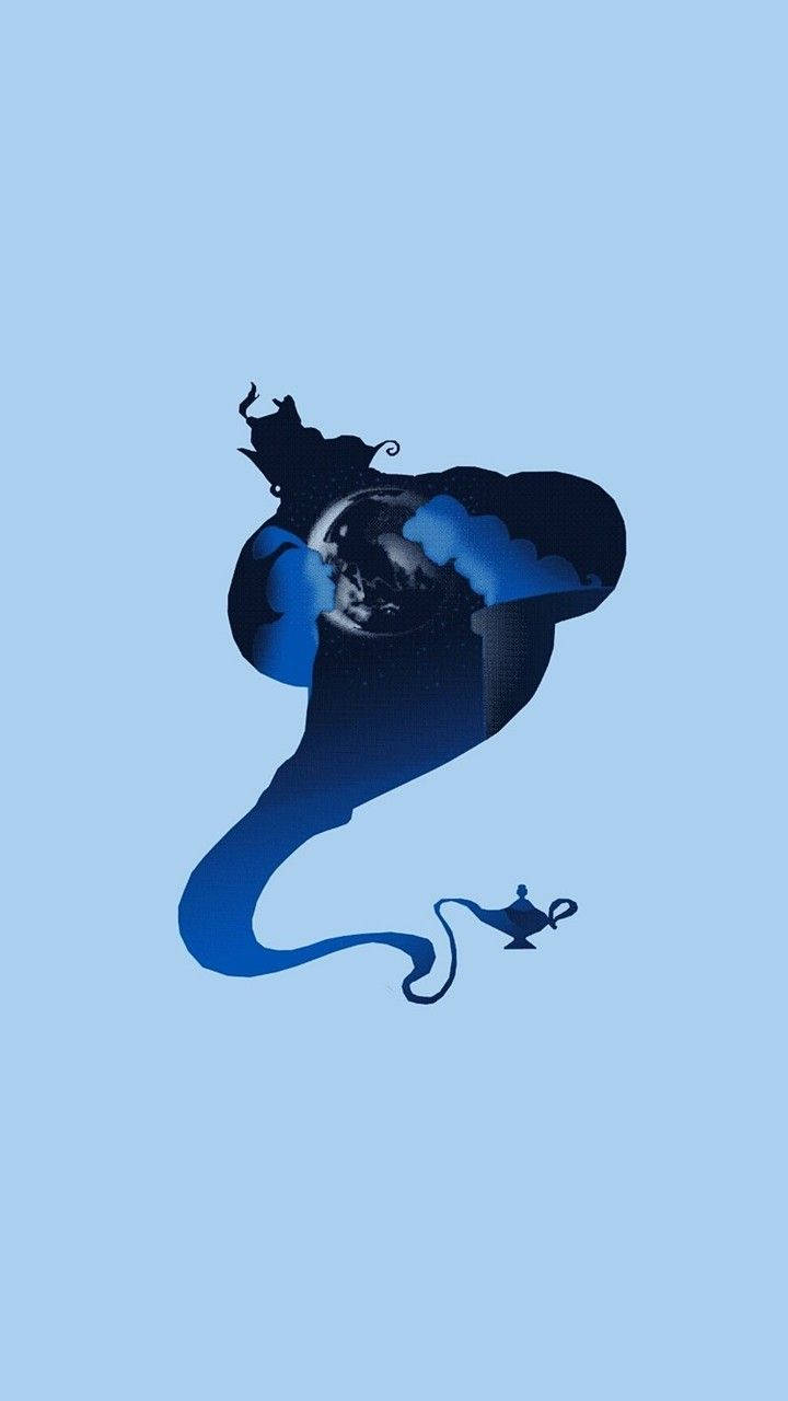 迪士尼 桌布 壁紙 — 一個風格化的藍色精靈從魔法燈中出現，背景是柔和的天藍色。