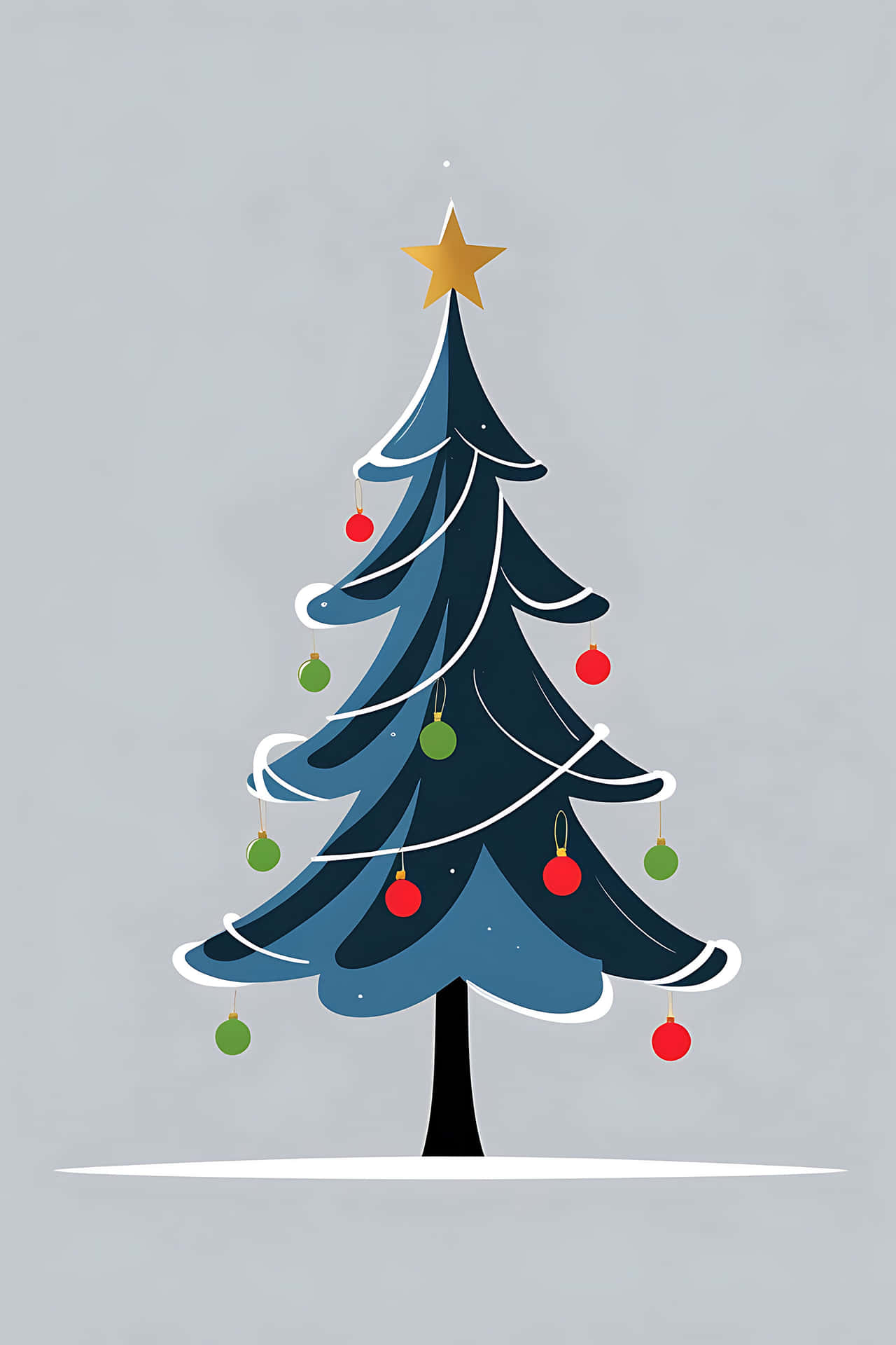 Decorated christmas tree with ornaments 壁紙 — 一個風格化的藍色聖誕樹，帶有紅色和綠色的裝飾品，頂部有一顆金色星星，立在雪地基座上，背景為灰色。