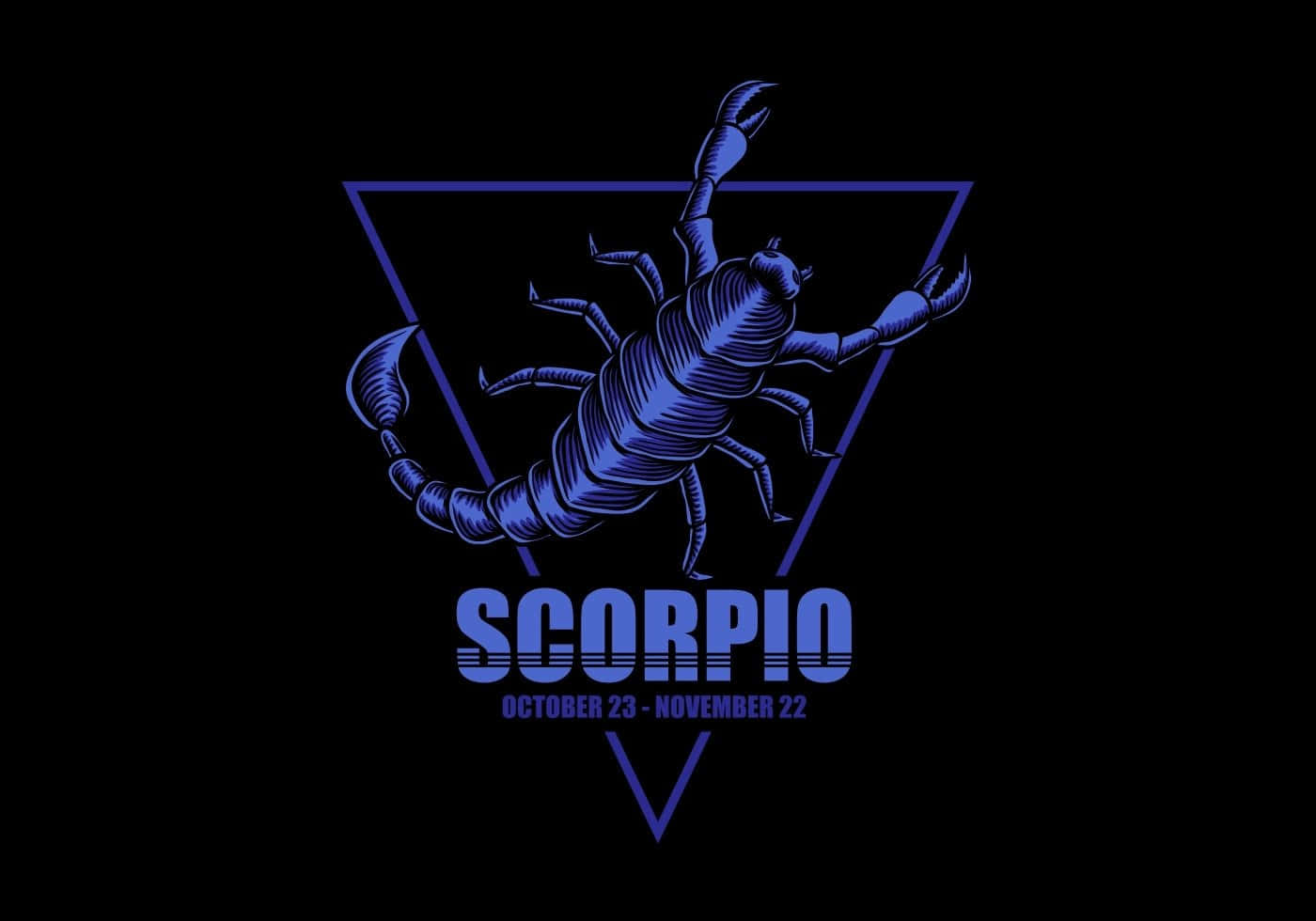 Scorpio 桌布 壁紙 — 一個風格化的藍色蠍子插圖，位於黑色背景上的三角形內，下方有「SCORPIO」文字。