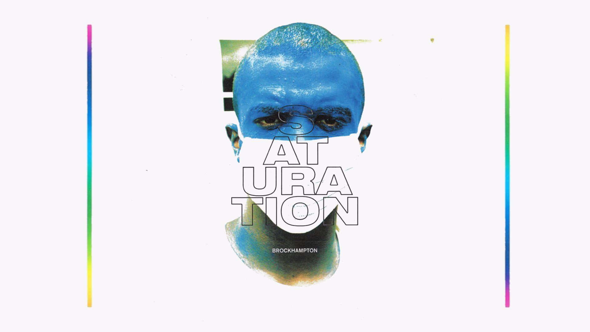 Brockhampton 桌布 壁紙 — 一個風格化的藍色調面孔，帶有粗體白色文字疊加和垂直彩虹漸變，背景為白色。