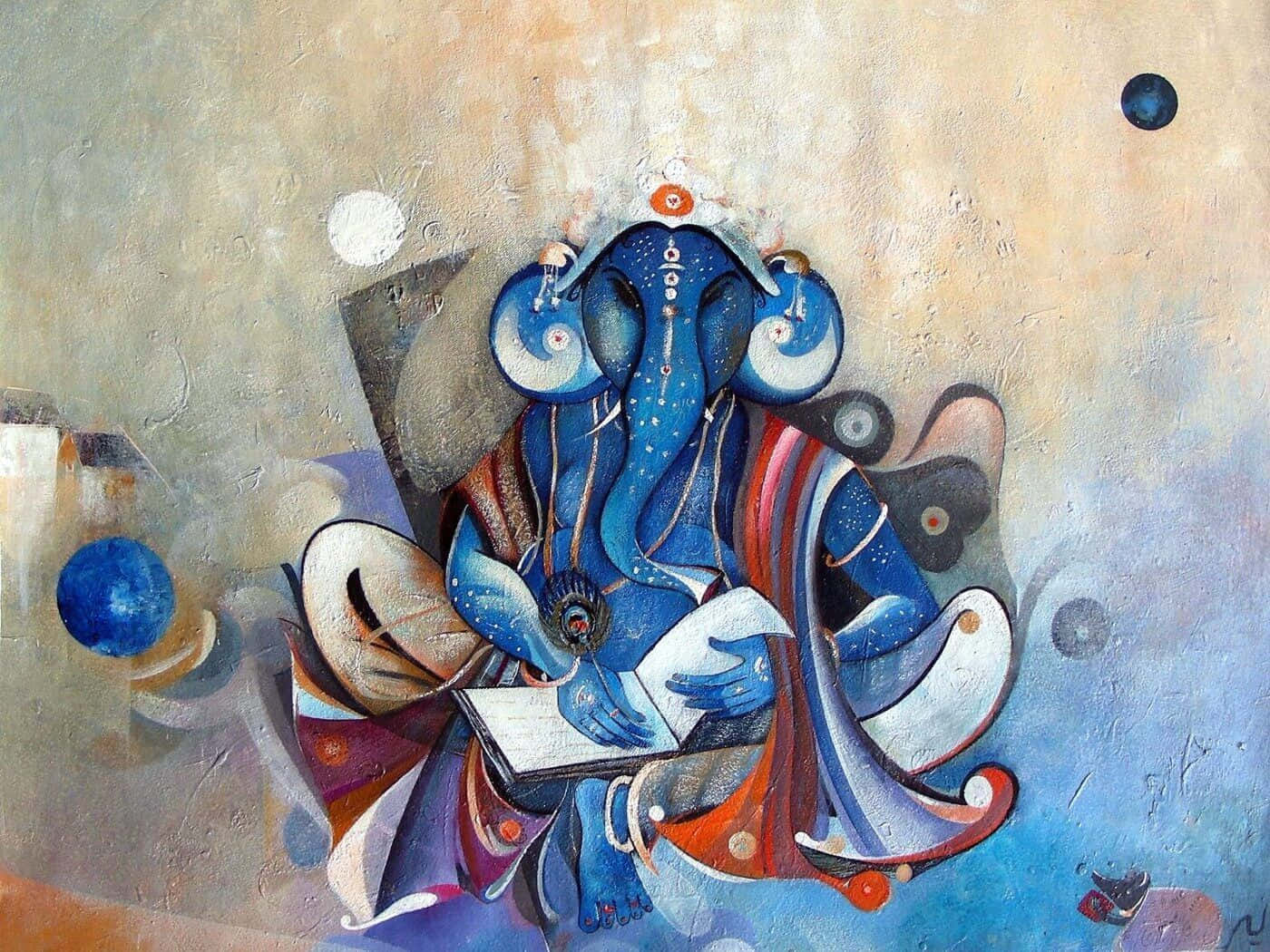 Ganesh 桌布 壁紙 — 一個風格化的藍色象頭人物穿著飄逸長袍，在抽象宇宙形狀和柔和的大地色調中閱讀一本書。