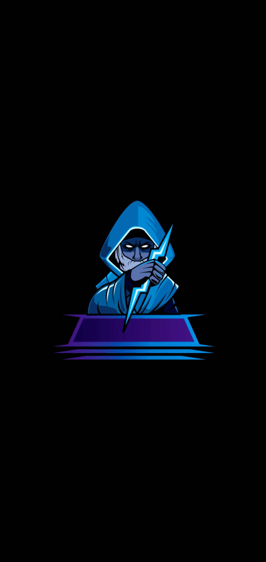 Hoodie 桌布 壁紙 — 一個風格化的藍色連帽人物，眼睛發光，在黑色背景上握著閃電。