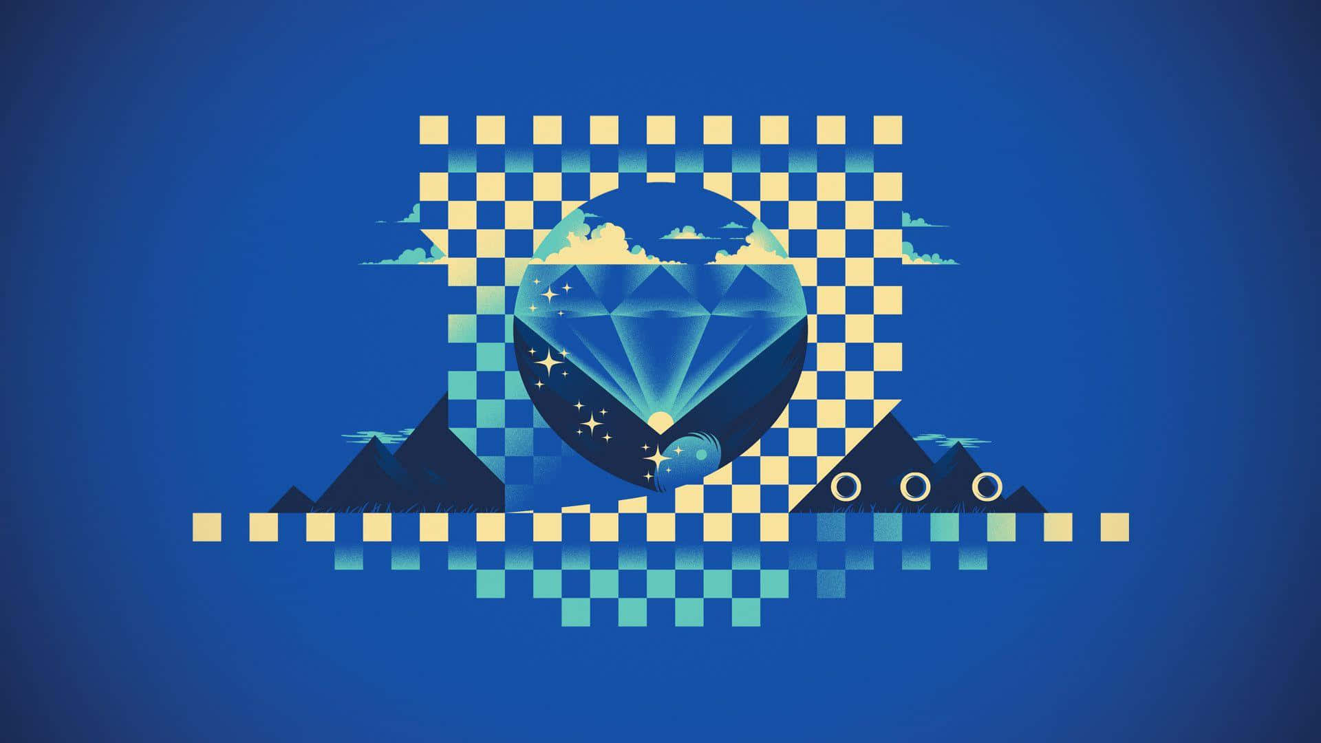 Chaos Emeralds 桌布 壁紙 — 一個風格化的藍色鑽石地球儀，被像素化的格子雲和山脈框住，背景為深藍色。