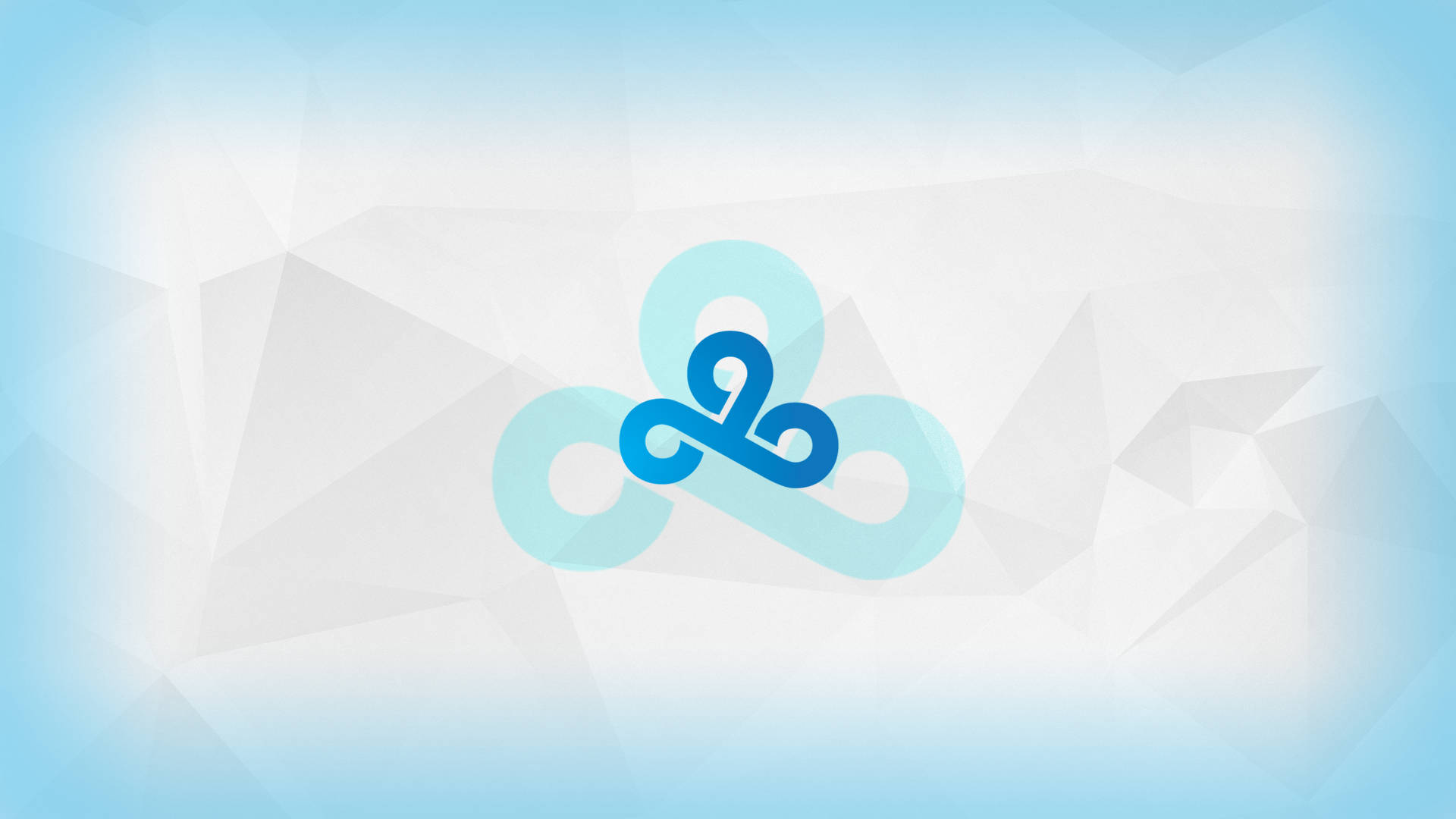 Cloud9 桌布 壁紙 — 一個風格化的藍色雲朵圖示漂浮在藍白漸變的柔和幾何多邊形背景上。